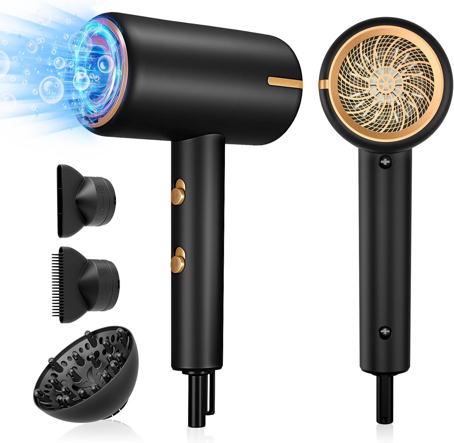1600W Ionic Hair Dryer, Professional Negative Ion Hair Blow Dryer with Diffuser &2 Nozzles for Curly Hair, Powerful AC Motor, 3 