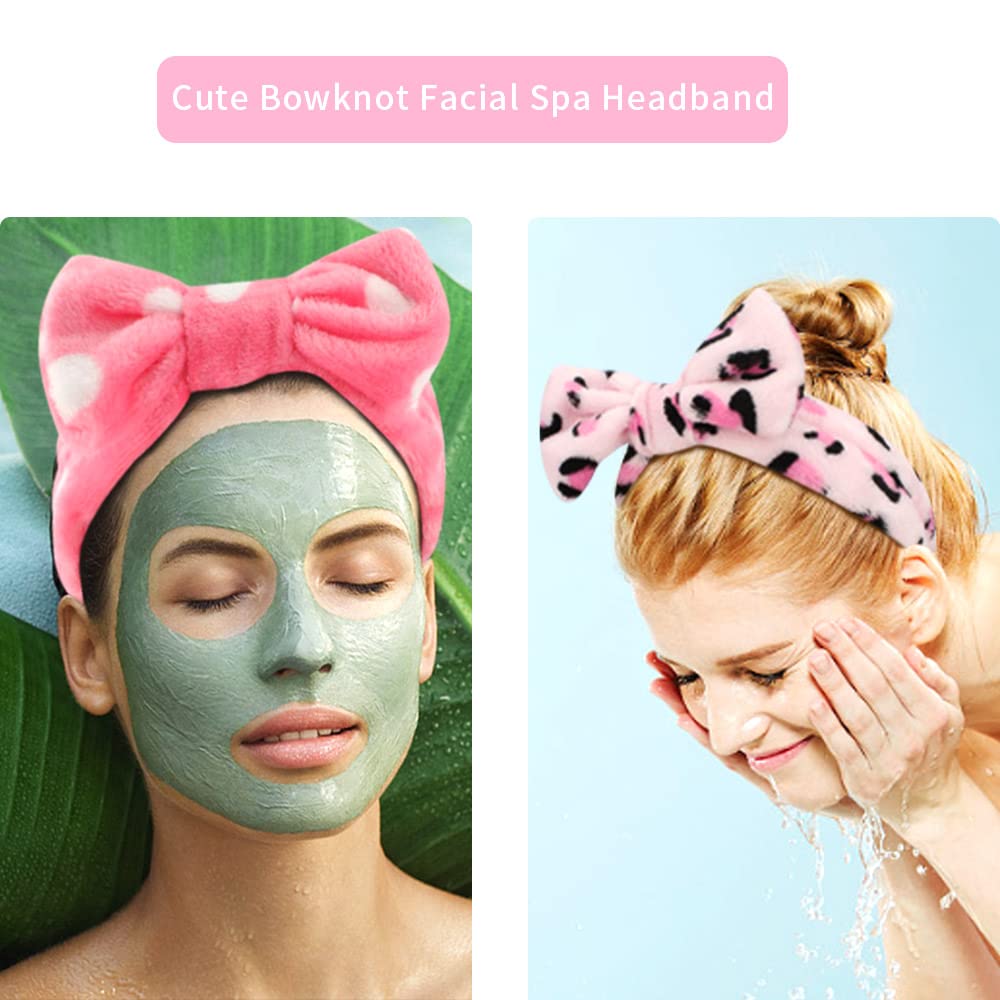 WHAVEL 6 Pack Pink Spa Headbands, Makeup Headbands Skincare Headbands Microfiber Bow Headbands Leopard Stripe Polka Facial Headb