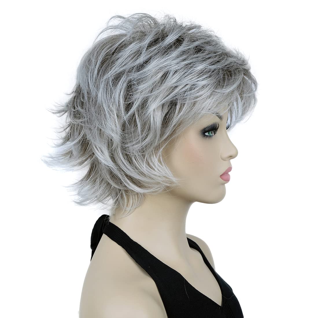 Lydell 8 Short Layered Shaggy Wavy Full Synthetic Wigs (48T Light Gray with Dark Root)