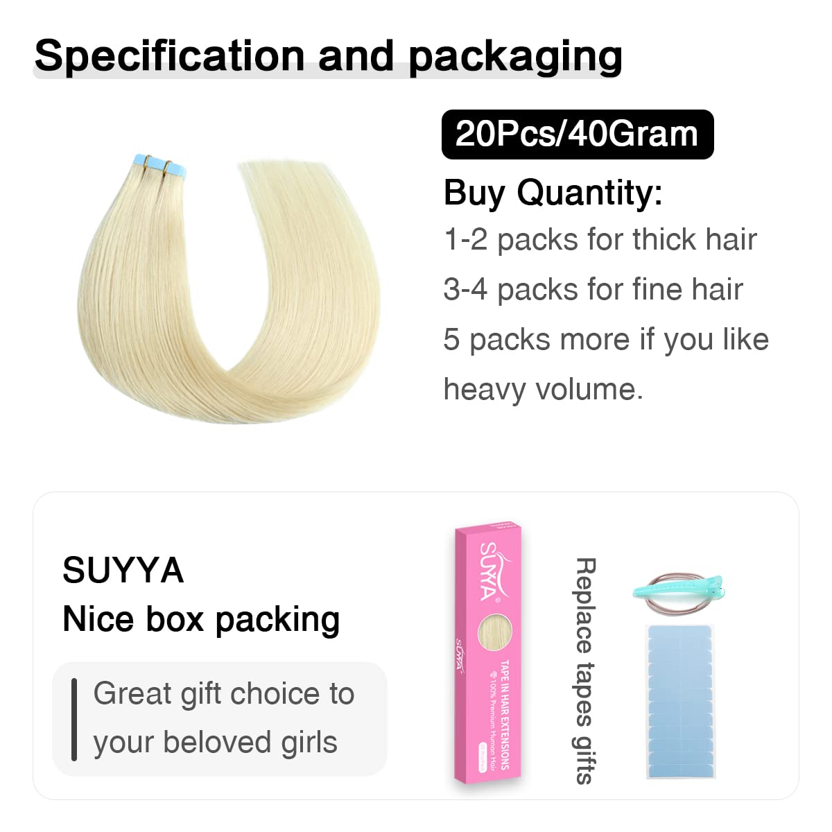 Suyya Tape In Hair Extensions Human Hair Platinum Blonde 12 Inch 40G/Pack 20Pcs Straight Seamless Skin Weft Tape In Real Human H
