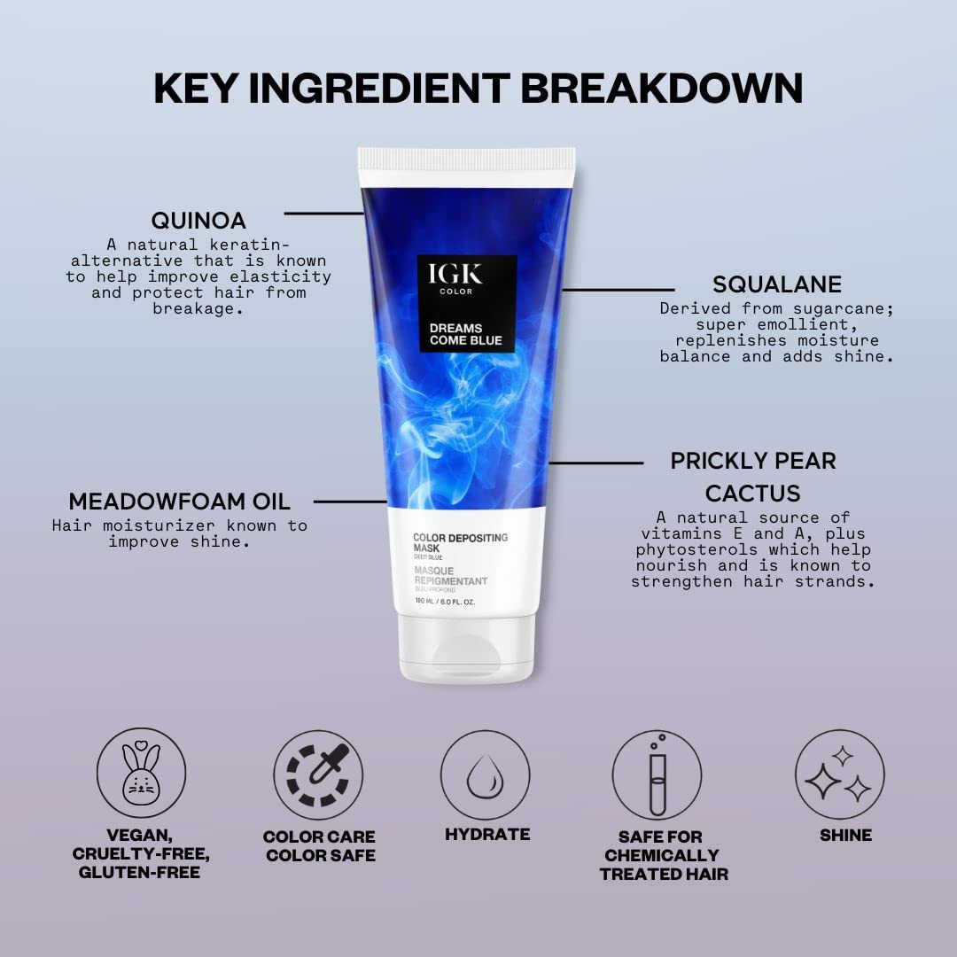 IGK Color Depositing Mask DREAMS COME BLUE - Deep Blue | Conditioning + Hydrate + Shine | Vegan + Cruelty Free | 6 Oz
