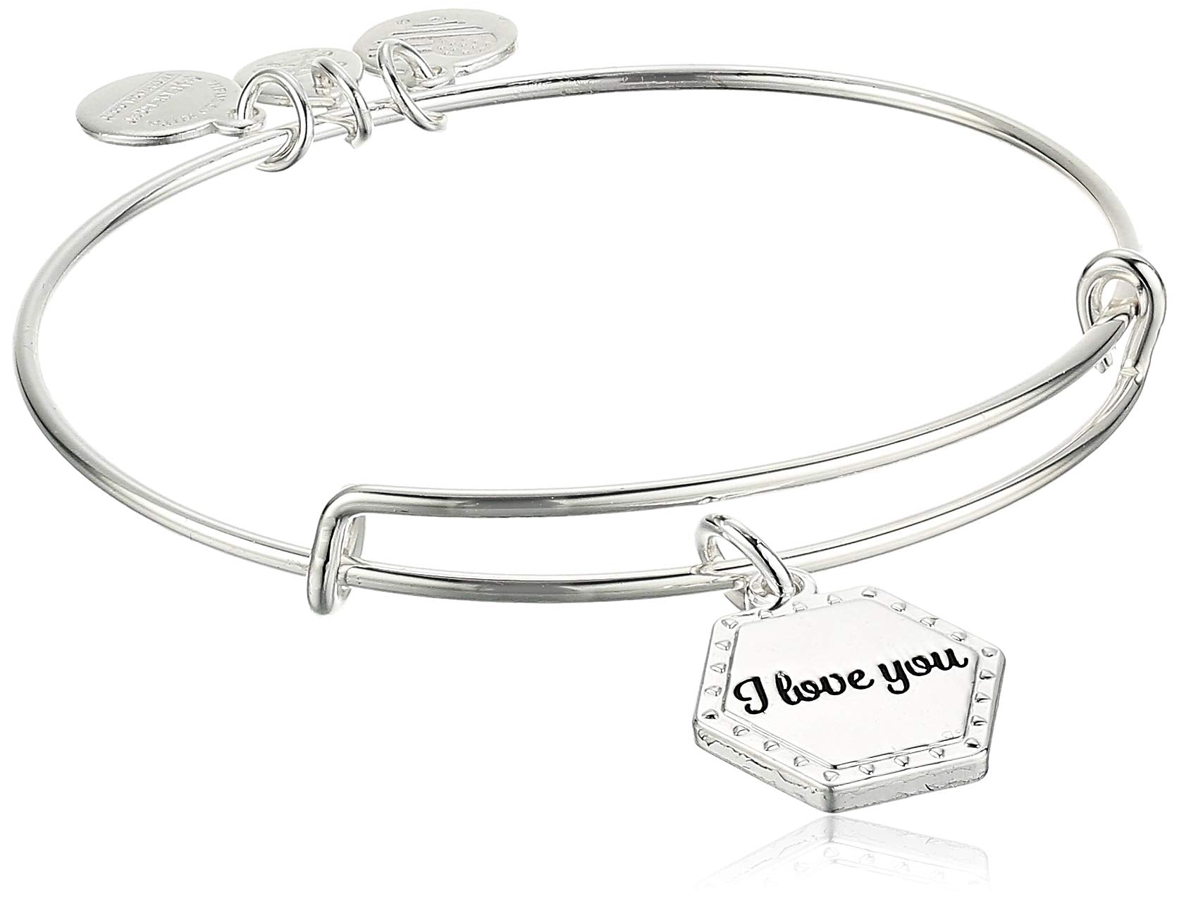 Alex and Ani Because I Love You Expandable Wire Bangle Bracelet for Women, I Love You Charm, Shiny Antique Silver Finish, 2 to 3