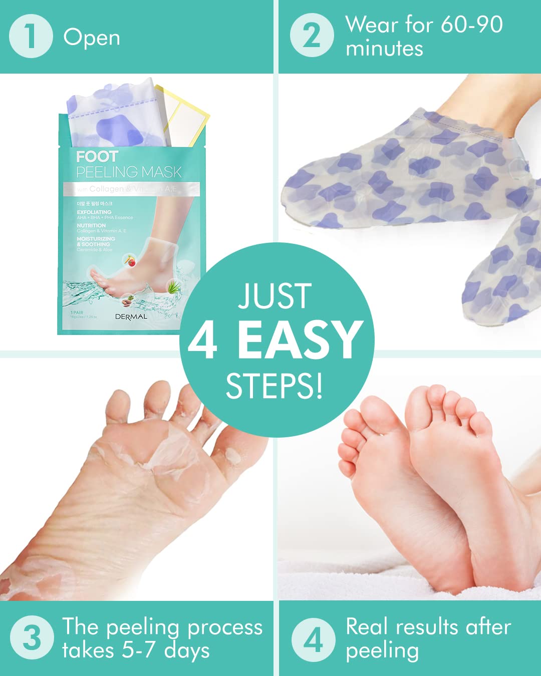 Dermal Korea Foot Peeling Mask 2 Pack For Dry Foot And Cracked Heel & Callus With Aloe Vera And Collagen - Exfoliating Peel Mask