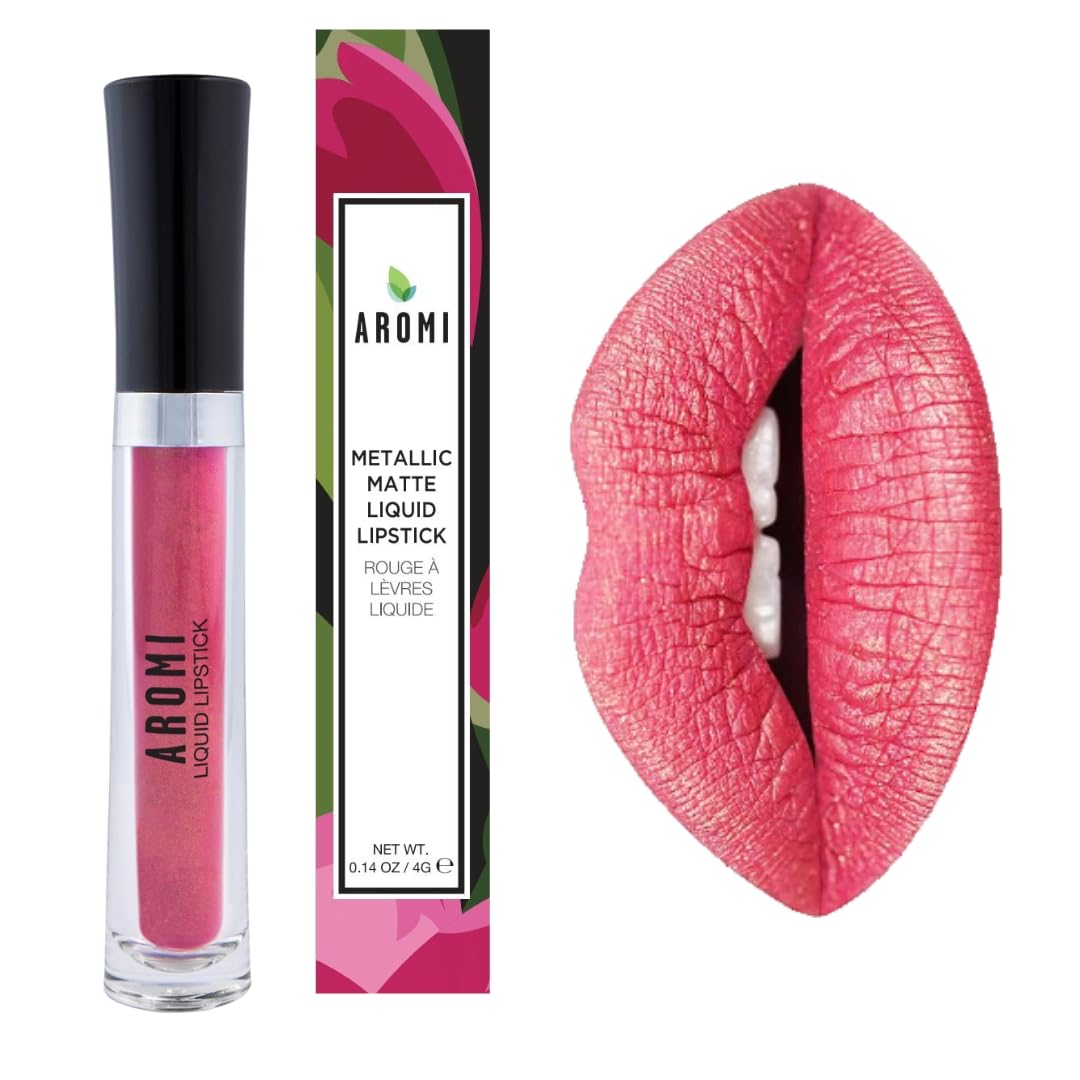 Aromi Metallic Liquid Lipstick | Peachy Pink, Coral Lip Color With Shimmery Finish, Long-Lasting, Vegan, Cruelty-Free, Smudge Pr
