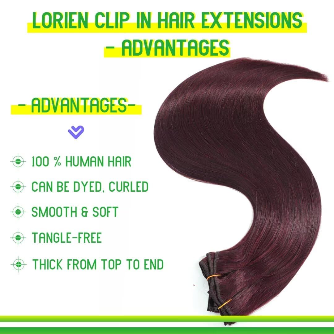 Lorien Clip In Hair Extensions Real Human Hair, 22 Inch 110G, 99J Burgundy, Clip In 100% Brazilian Remy Human Hair Extensions 8P