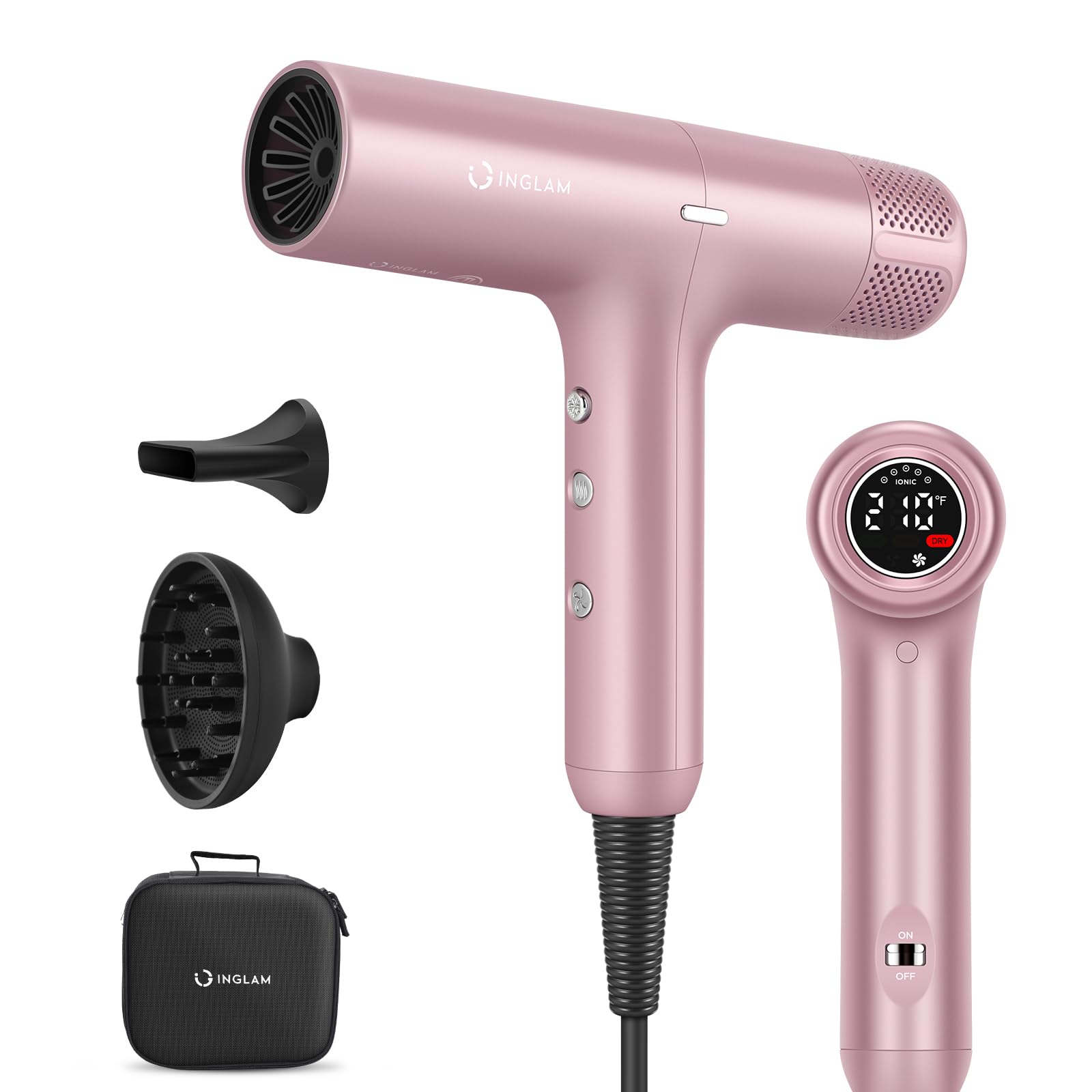 Hair Dryer, IG INGLAM 110, 000 RPM High-Speed Blow Dryer with LED Display, 1300W Low Noise Negative Ionic Hairdryer, 3 Temps & 3