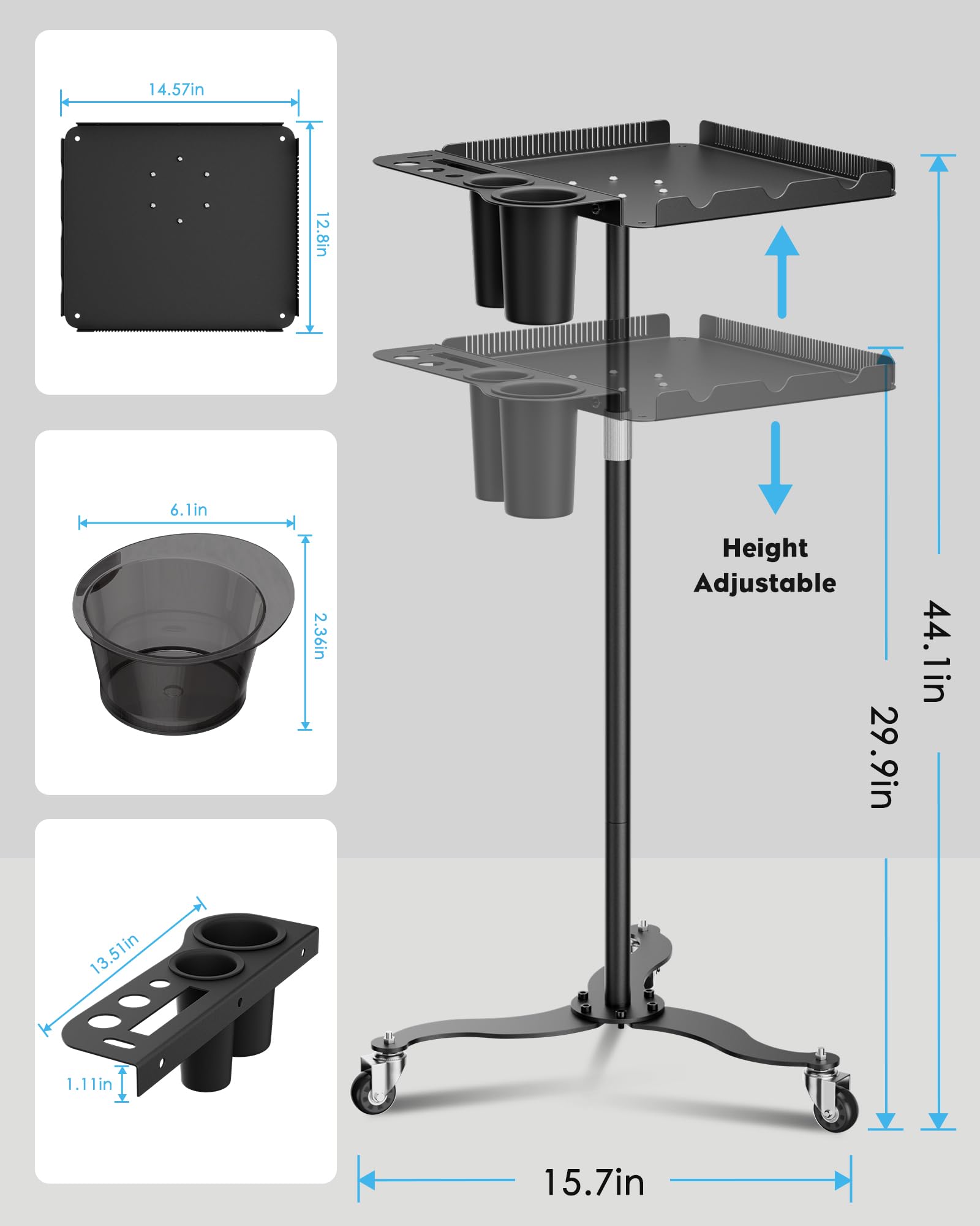 Salon Tray On Wheels,Metal Tray Rolling Cart With 2 Magnetic Bowls,Tattoo Tray, Salon Station With Hairstylist Holder And Hair S