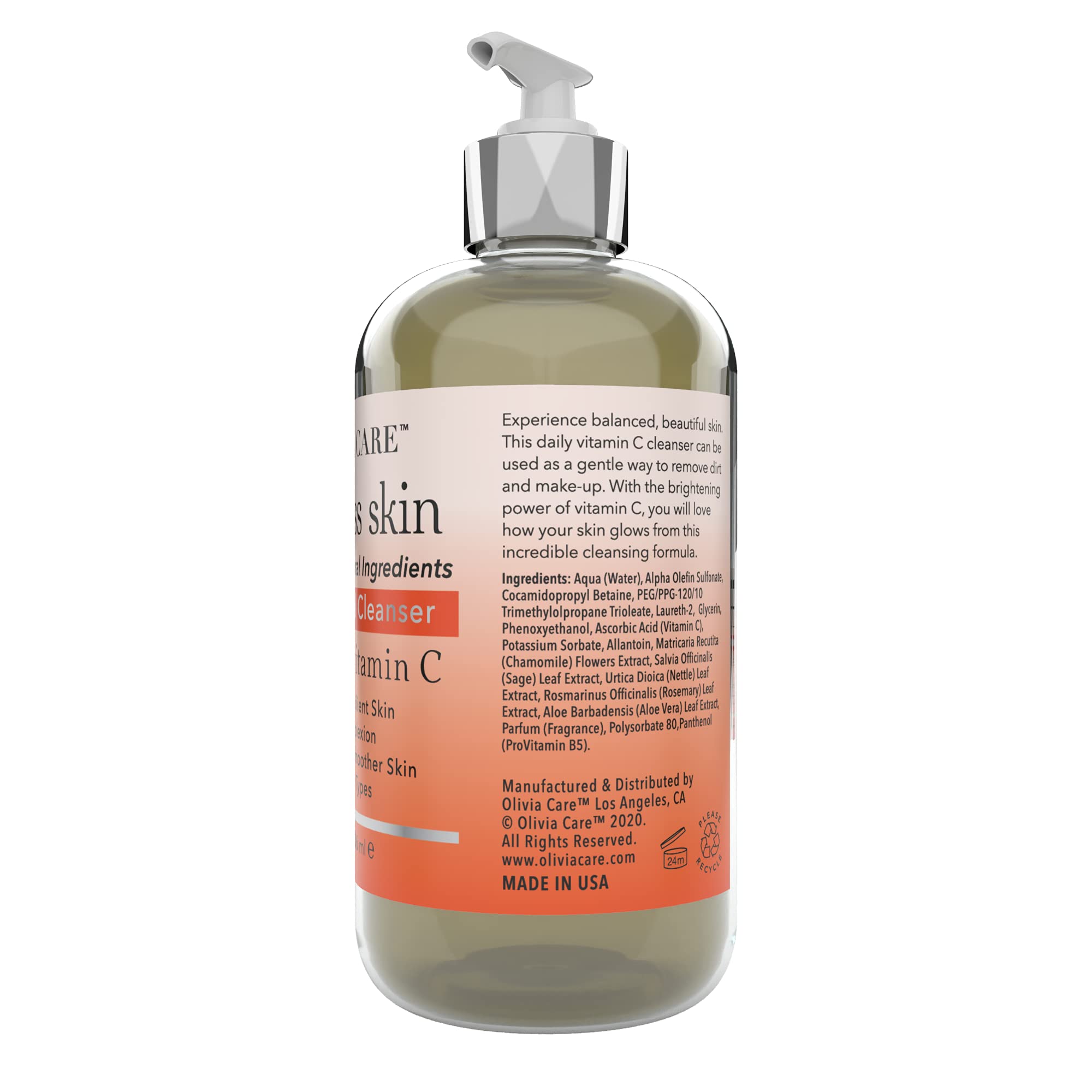 Olivia Care Vitamin C Daily Brightening Facial Cleanser - All Natural Moisturize, Hydrate, Cleanse - Brighten Age Spot, Tighter