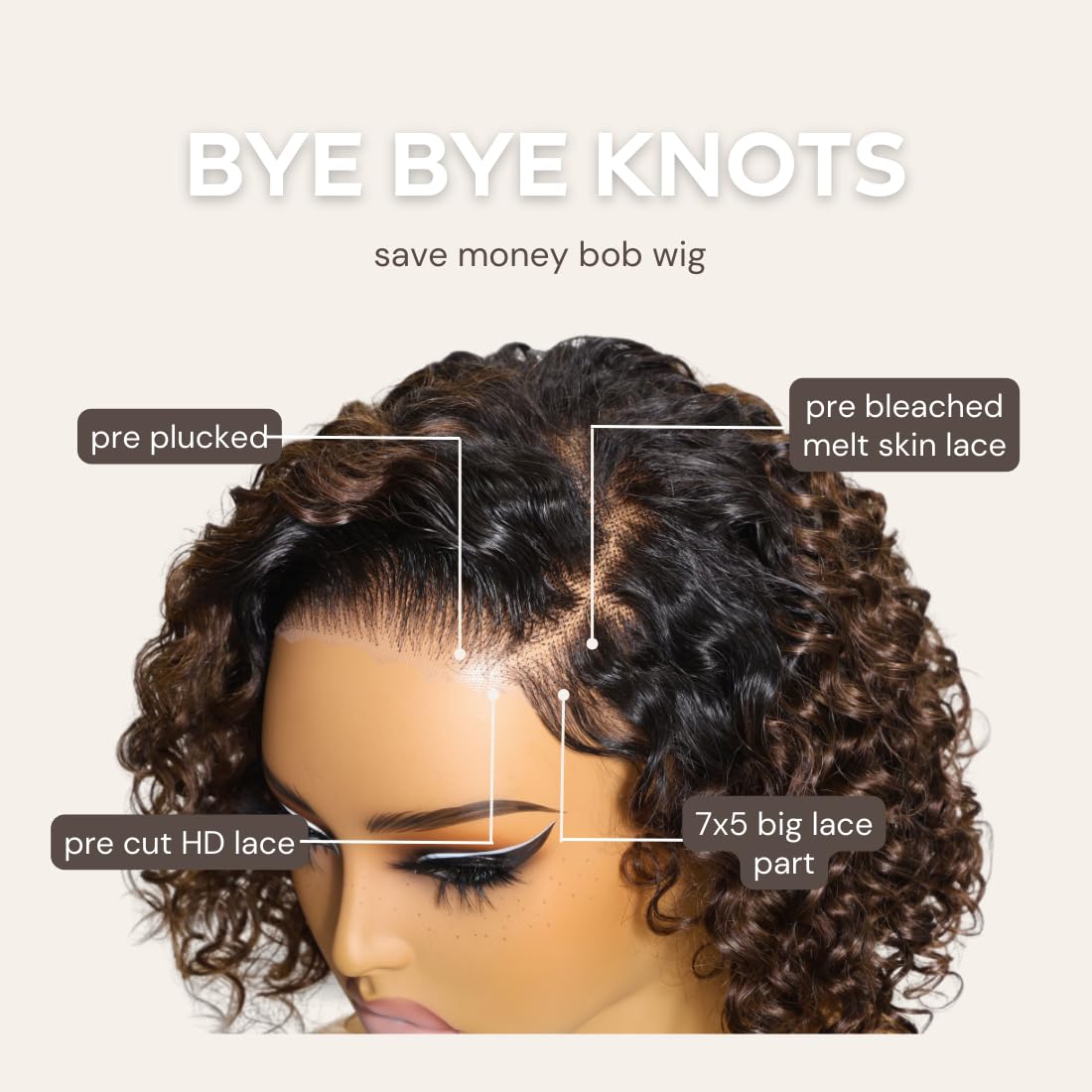 Beauty Forever 8 Inch Short Curly Bob Wig Human Hair Bye Bye Knots Glueless Wigs With Ombre Brown,Pre Plucked Pre Cut Hd Lace Re