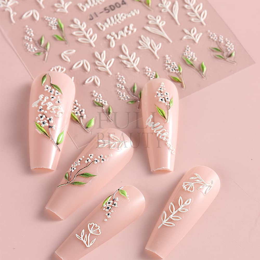 5D Flowers Nail Art Stickers 4 Sheets Pink Flowers Geometric Lines Decor Acrylic Embossed Sliders Gold Strips Nail Decals Acryli