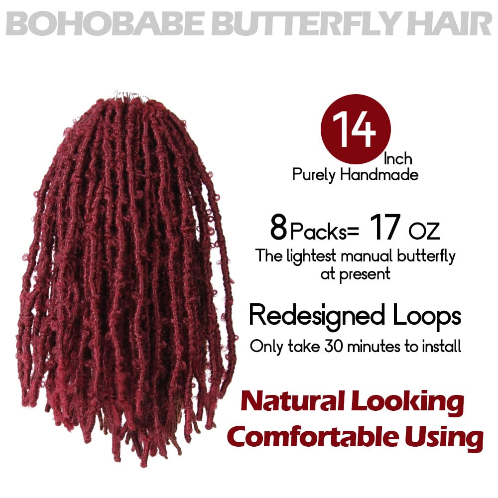 8 Packs Butterfly Locs Crochet Hair 14 Inch Light Weight Butterfly Faux Locs Crochet Hair Short Burgundy Distressed Butterfly Lo