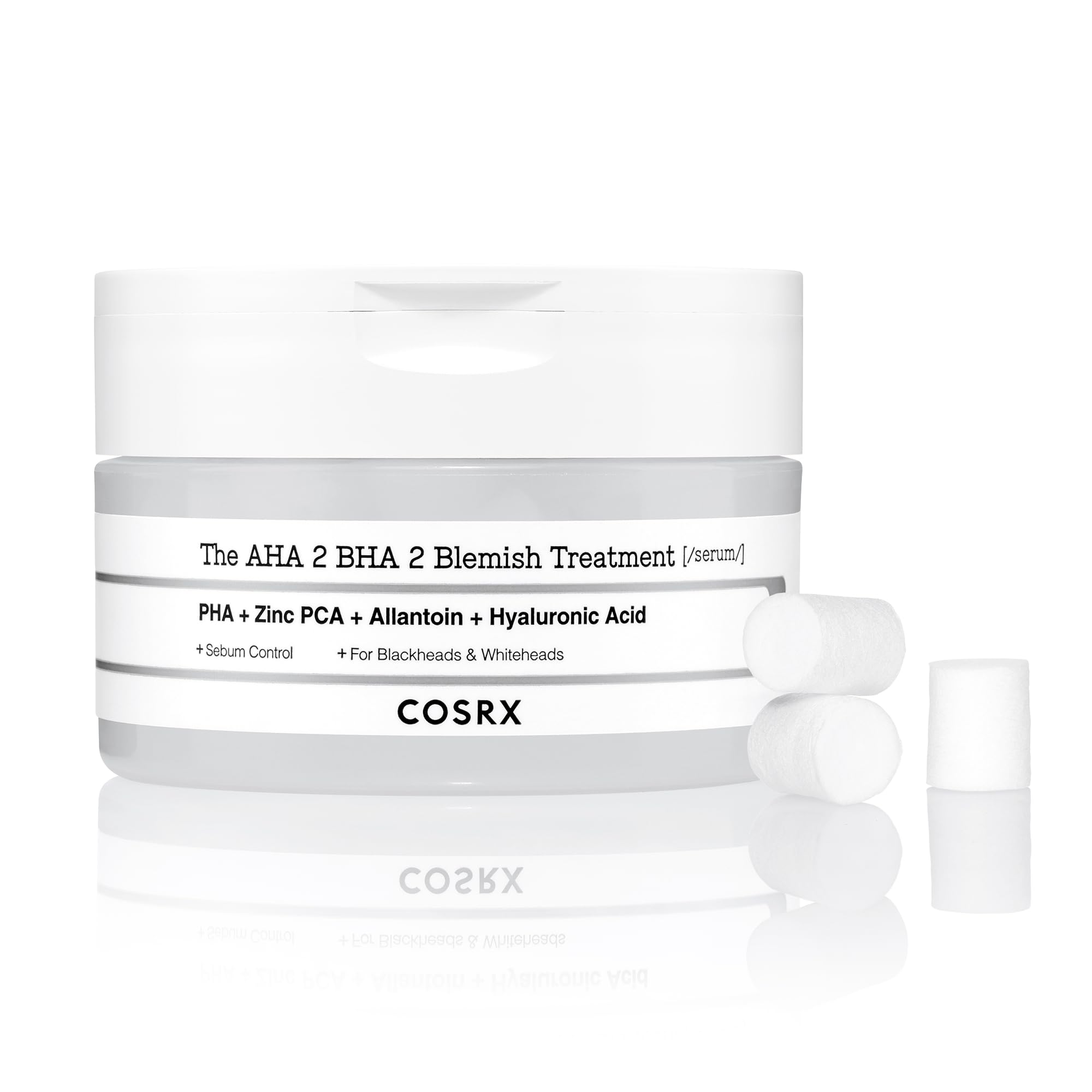Cosrx Aha 2% Bha 2% Blemish Treatment Serum, 60+ Pure Cotton Balls, Quick & Easy Daily Spot Treatment, Blackheads & Whiteheads,