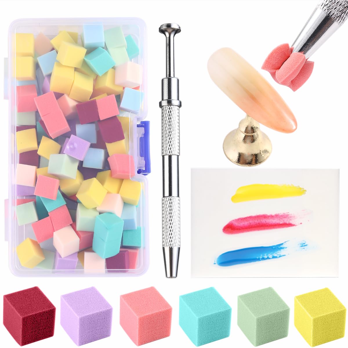 Fcozpjk 100Pcs Soft Nail Sponges for Ombre Mini Nail Art Sponges With Grabbing Pen Colorful Aura Nail Sponge Set Brush for Gel N