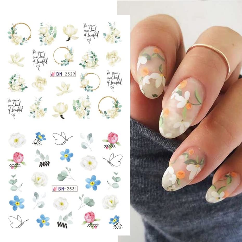 Flower Nail Art Stickers Decals Water Transfer Foils For Nails Art Supplies Spring Summer Tulips Floral Butterfly Leaf Design Ac