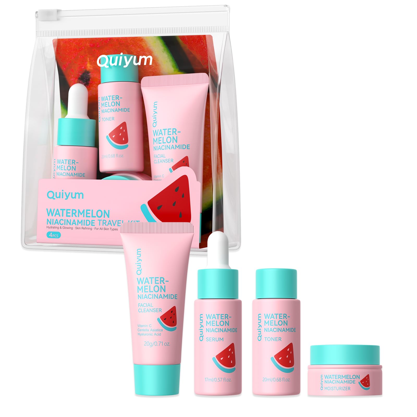 QUIYUM Watermelon Niacinamide Travel Kit  4 Pcs Skincare Set For Beginners