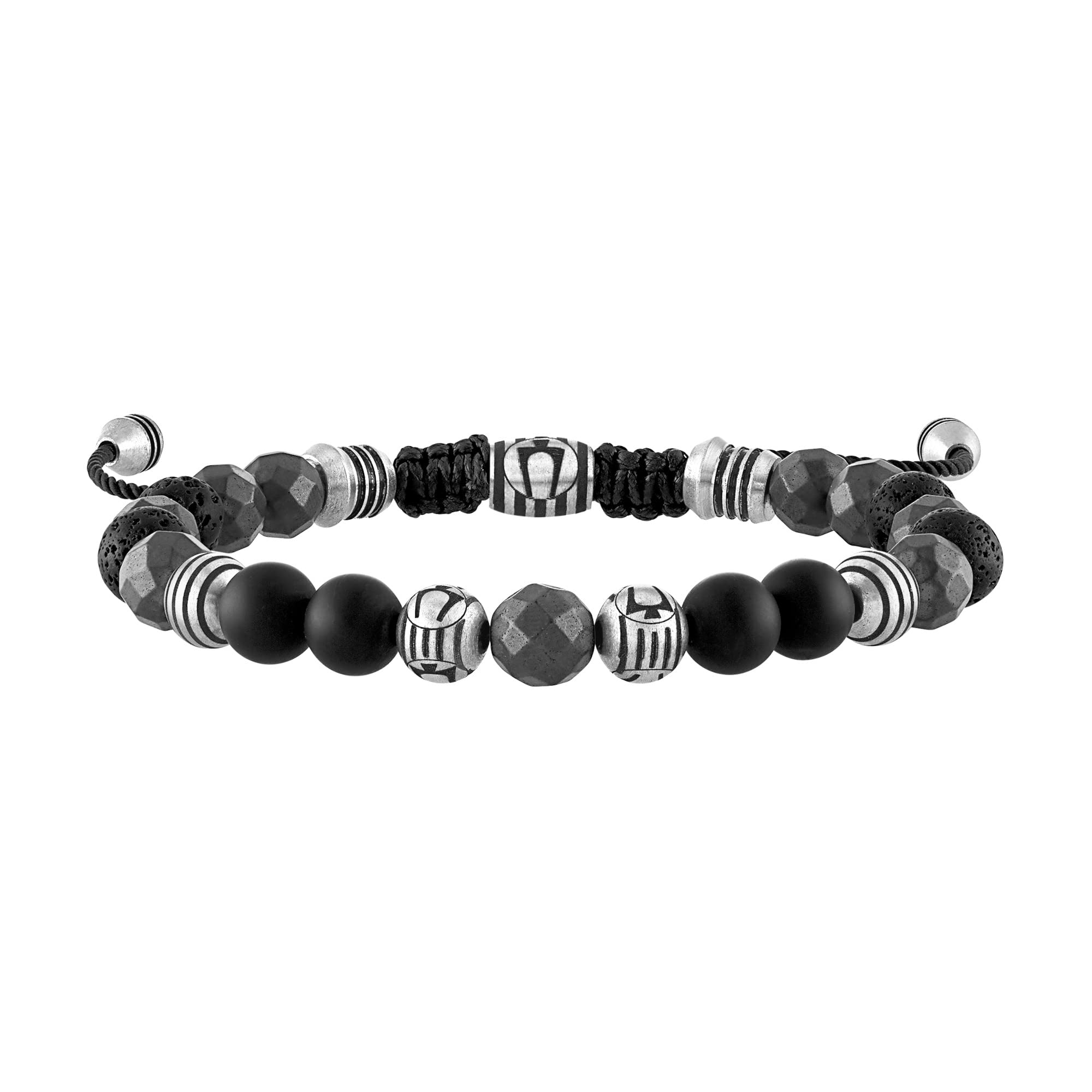 Bulova Jewelry Mens Classic Beaded Black Onyx, Black Lava, Striped Gold Stainless Steel Beads, and Hematite Pyrite Spheres Bolo