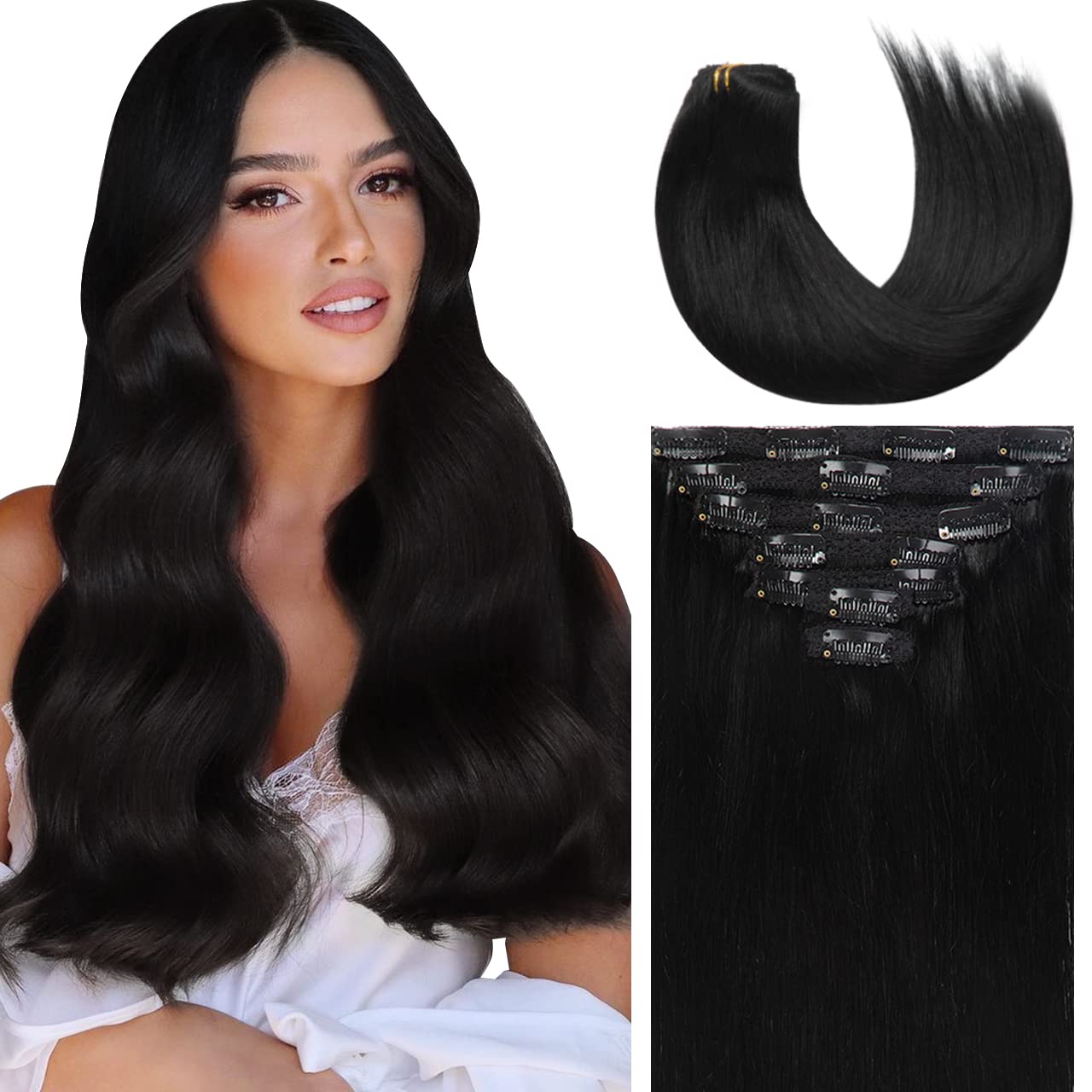 Lacer 22 Inch Full Head Silky Straight 100% Human Hair Clip in Extensions in Jet Black #1 7Pieces 140g Double Weft Extensions La
