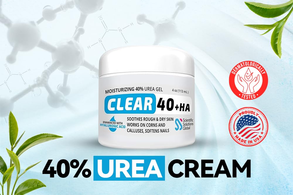 CLEAR Urea Cream 40% + 1% Hyaluronic Acid (4oz) | Softens Cracked Heels & Dry Skin Urea Cream 40 Percent - Infused w Tea Tree &