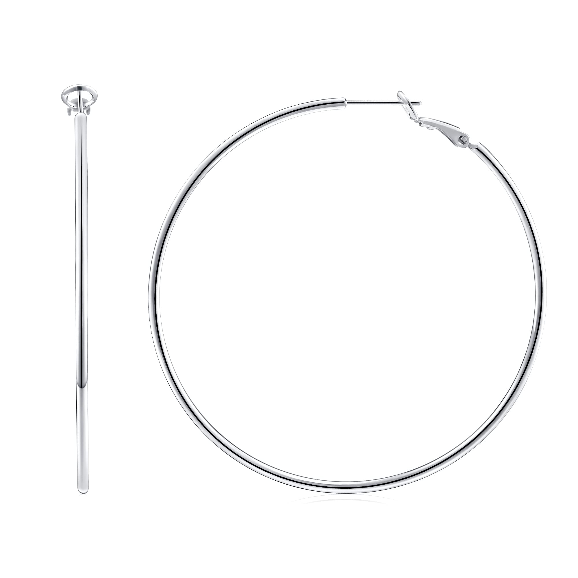 Gacimy Large Hoop Earrings for Women 14K White Gold Plated, 925 Sterling Silver Post Hoops for Women, 60mm Silver Tone Big Earri