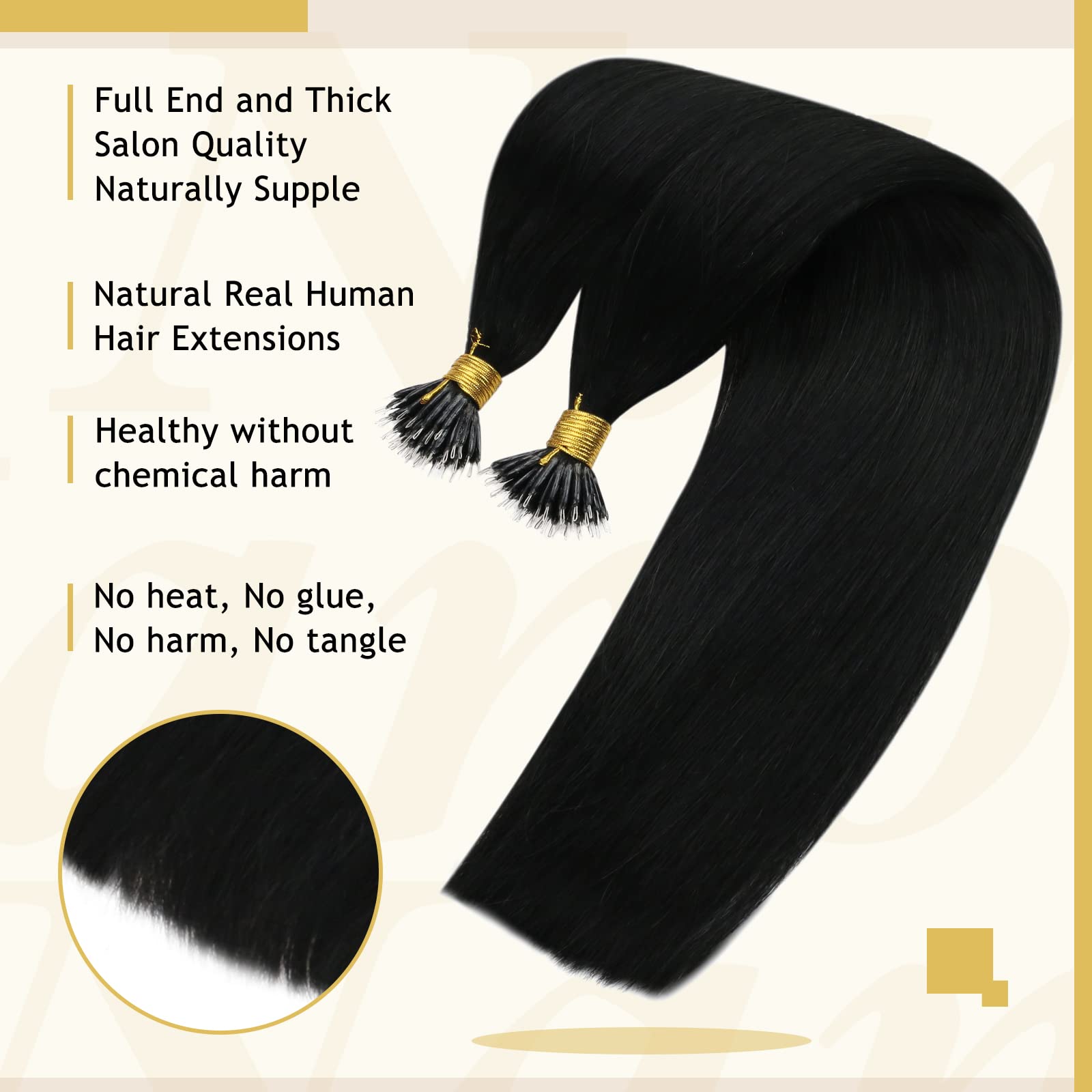 [Keep Texture] Sunny Nano Human Hair Extensions Black Nano Hair Extension Beads Jet Black Hair Extensions Nano Ring Natural-look