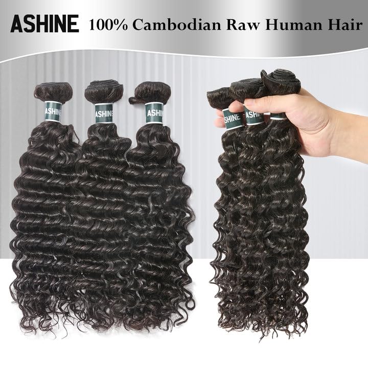 Ashine Human Hair Bundles Deep Wave Unprocessed Cambodian Raw Hair 14 16 18 Inch, Flip Over Quick Weave Wet And Wave Bundles For