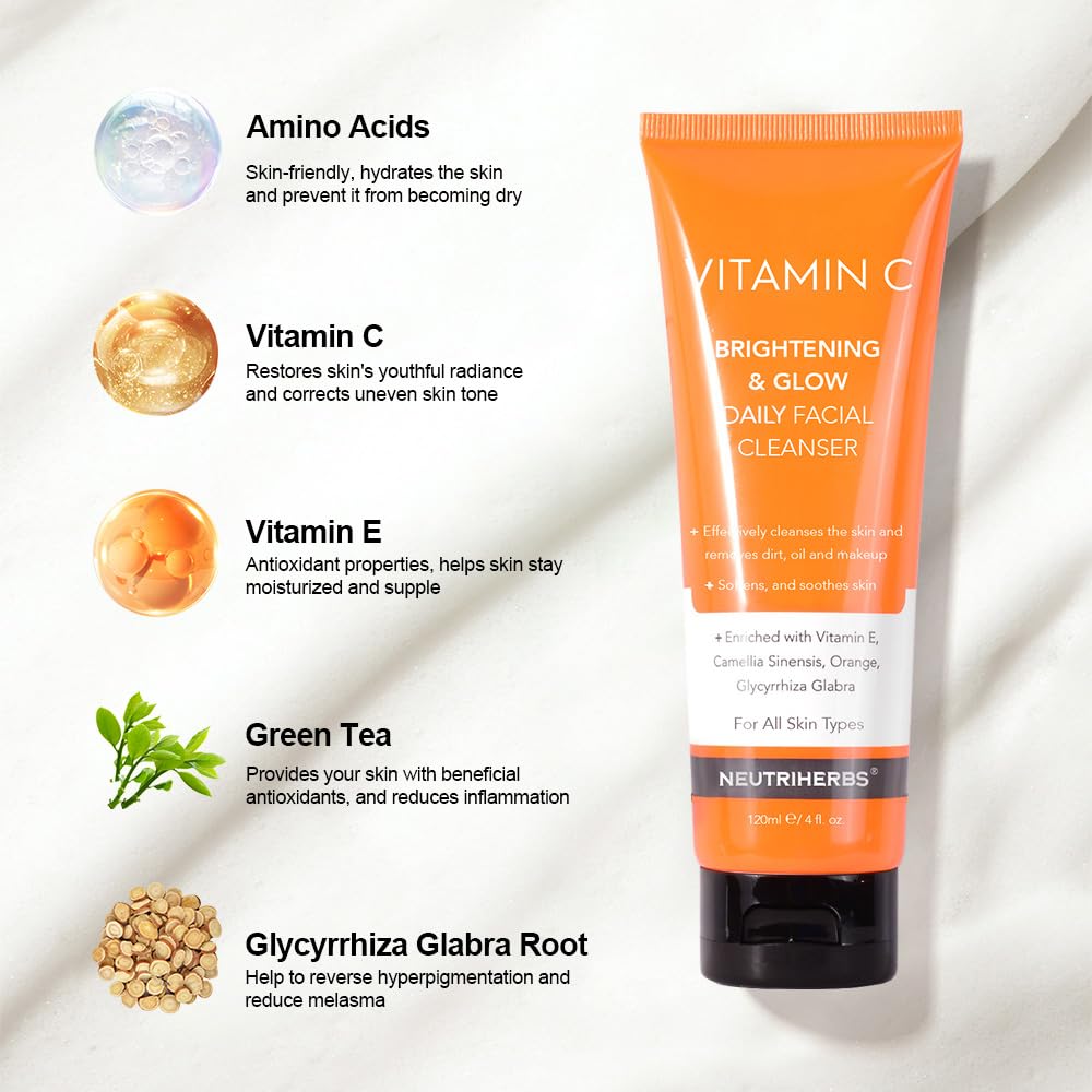 Neutriherbs Vitamin C Face Wash,Daily Facial Cleanser with Aloe & Hyaluronic Acid| Clean,Refresh,Brighten and Balance Complexion