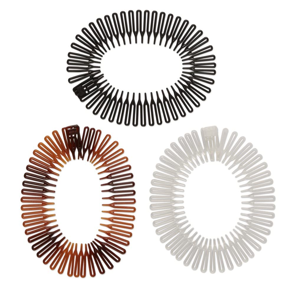 Scunci Effortless Beauty Stretch Hair Combs - 3 Count, Tortoise, Opaque White, Black, Plastic, Model MCDS1717