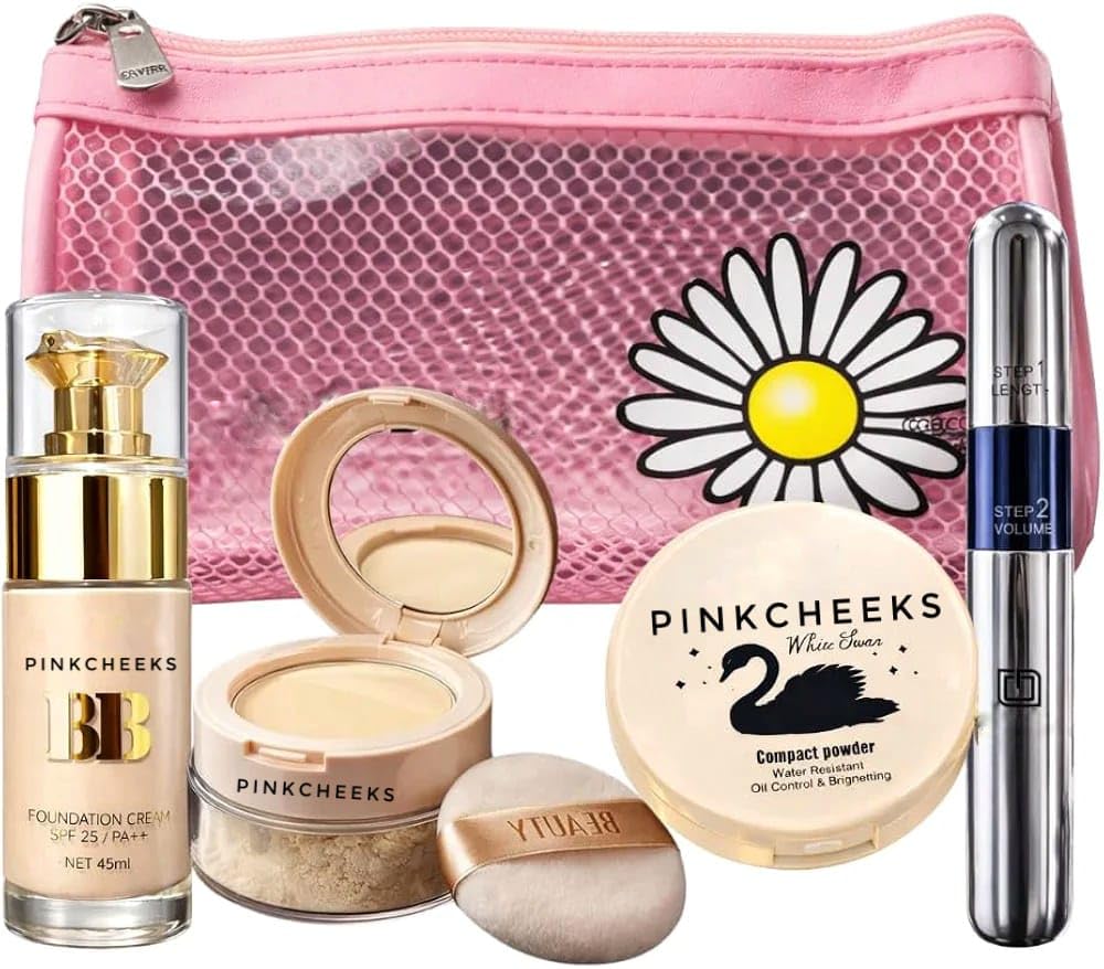 Complete Face Makeup Combo Kit For Women | Foundation, Loose Powder, Compact Powder & Mascara With Travel Makeup Bag