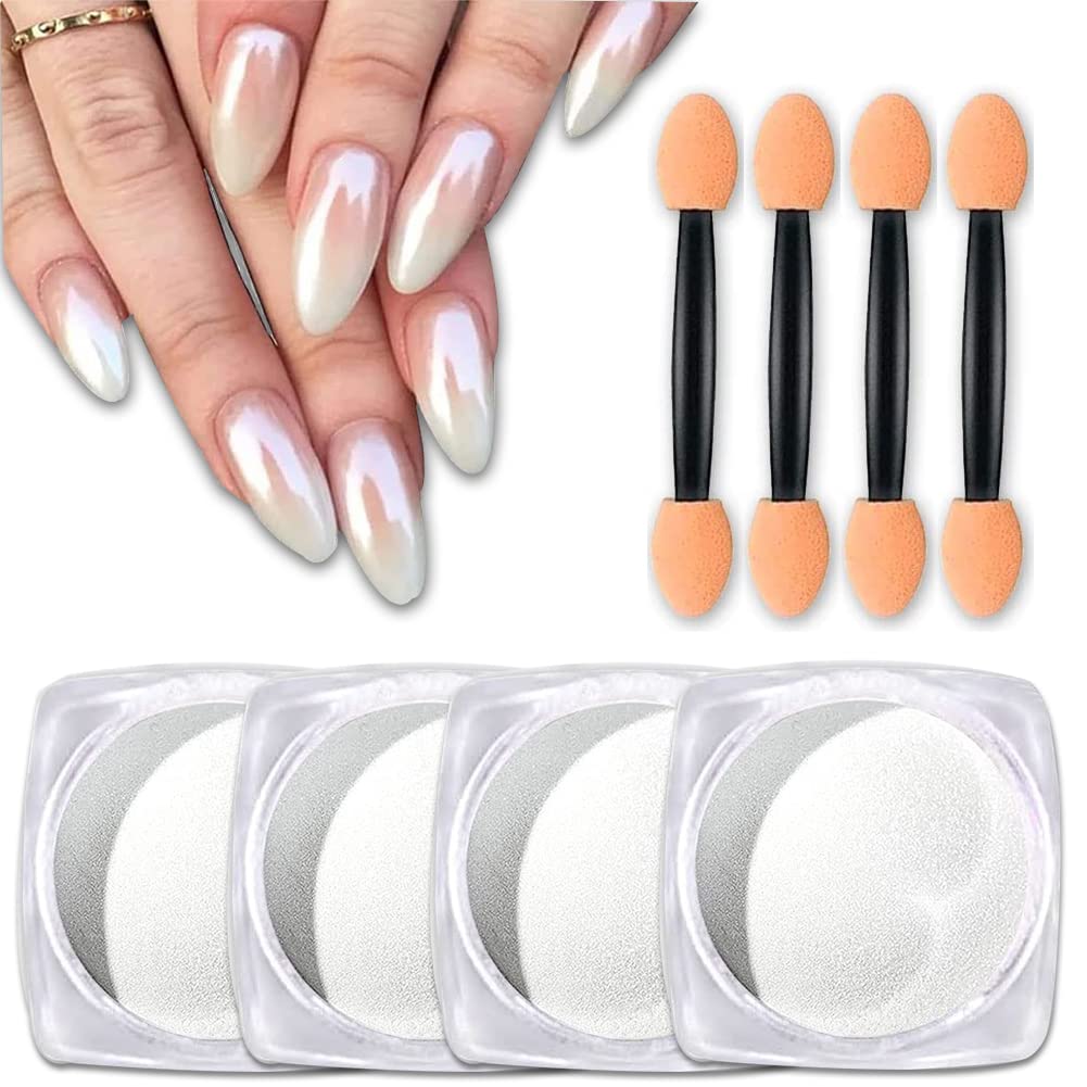 4 Boxes White Pearl Mermaid Rainbow Holographic Nail Powder Magic White Chrome Powder Symphony Shell Nail Powder Aurora Chrome N