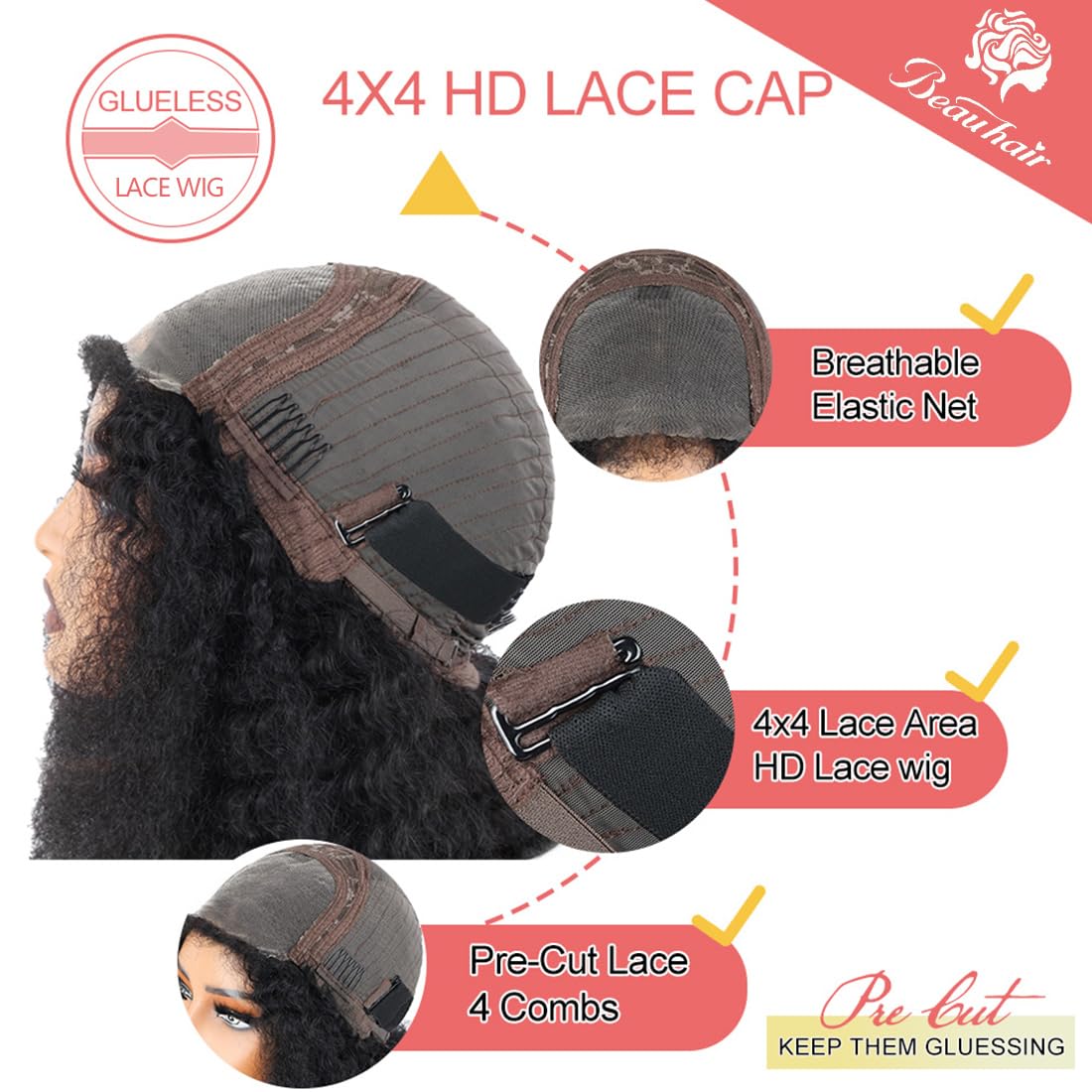 Beauhair Black Kinkycurly 4c Edge Wig Human Hair 4x4 HD Lace Afro kinky closure Wig for Balck Women Lace Pre Cut Glueless Wigs 2