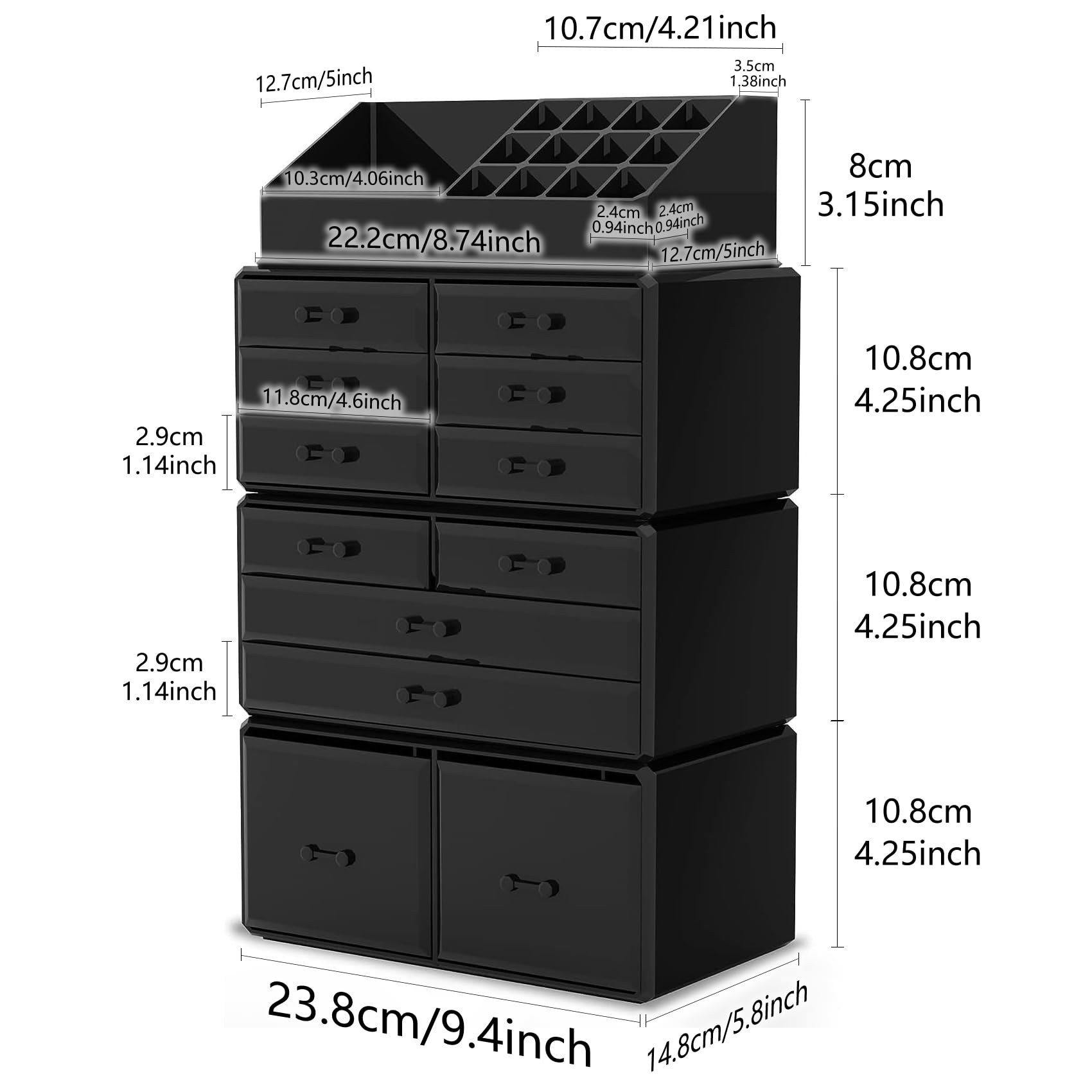 READAEER Makeup Cosmetic Organizer Storage Drawers Display Boxes Case with 12 Drawers (Black)
