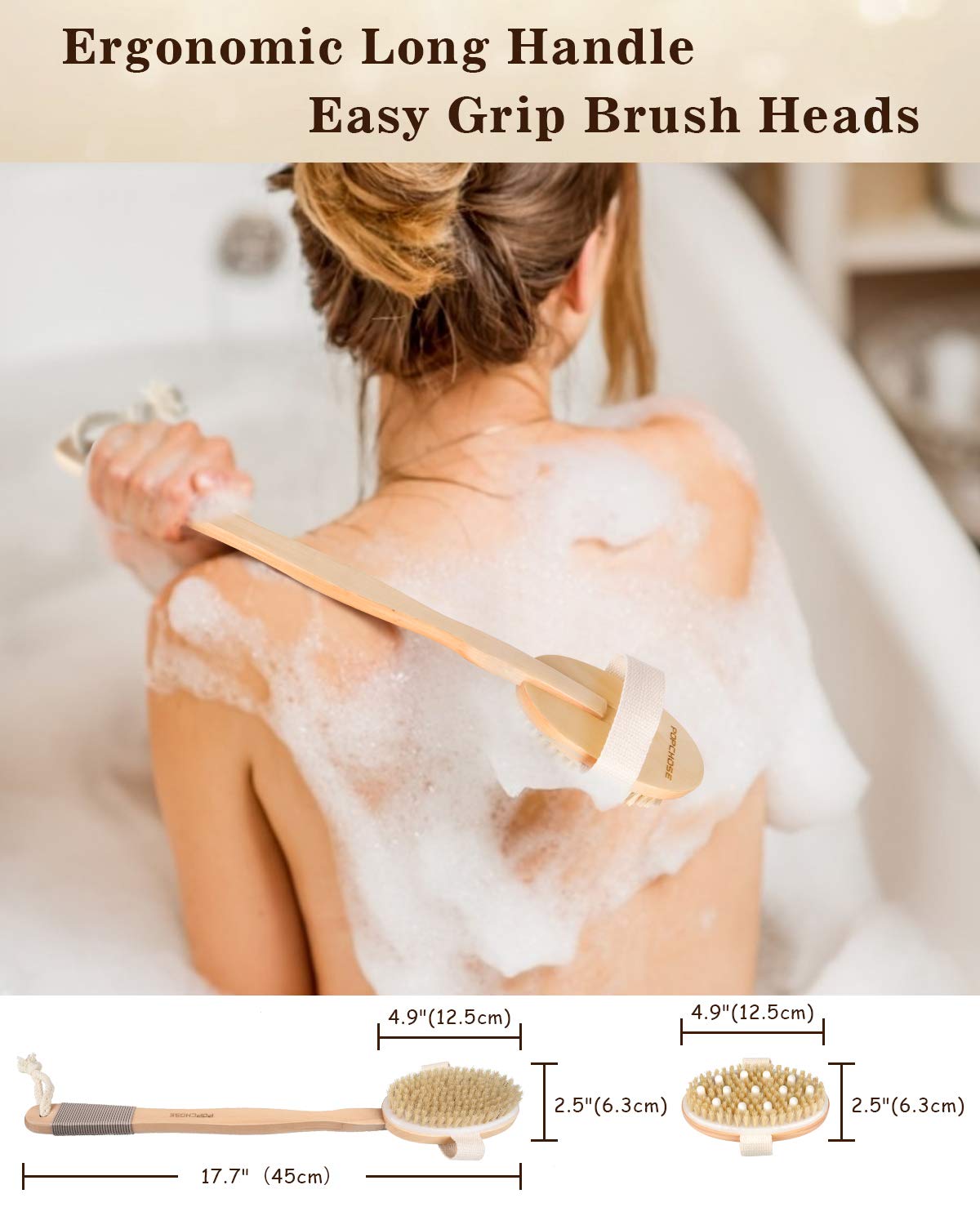 Shower Brush, Popchose Detachable Dry Brushing Body Brush For Body Cellulite And Lymphatic, Back Scrubber For Shower Long Handle