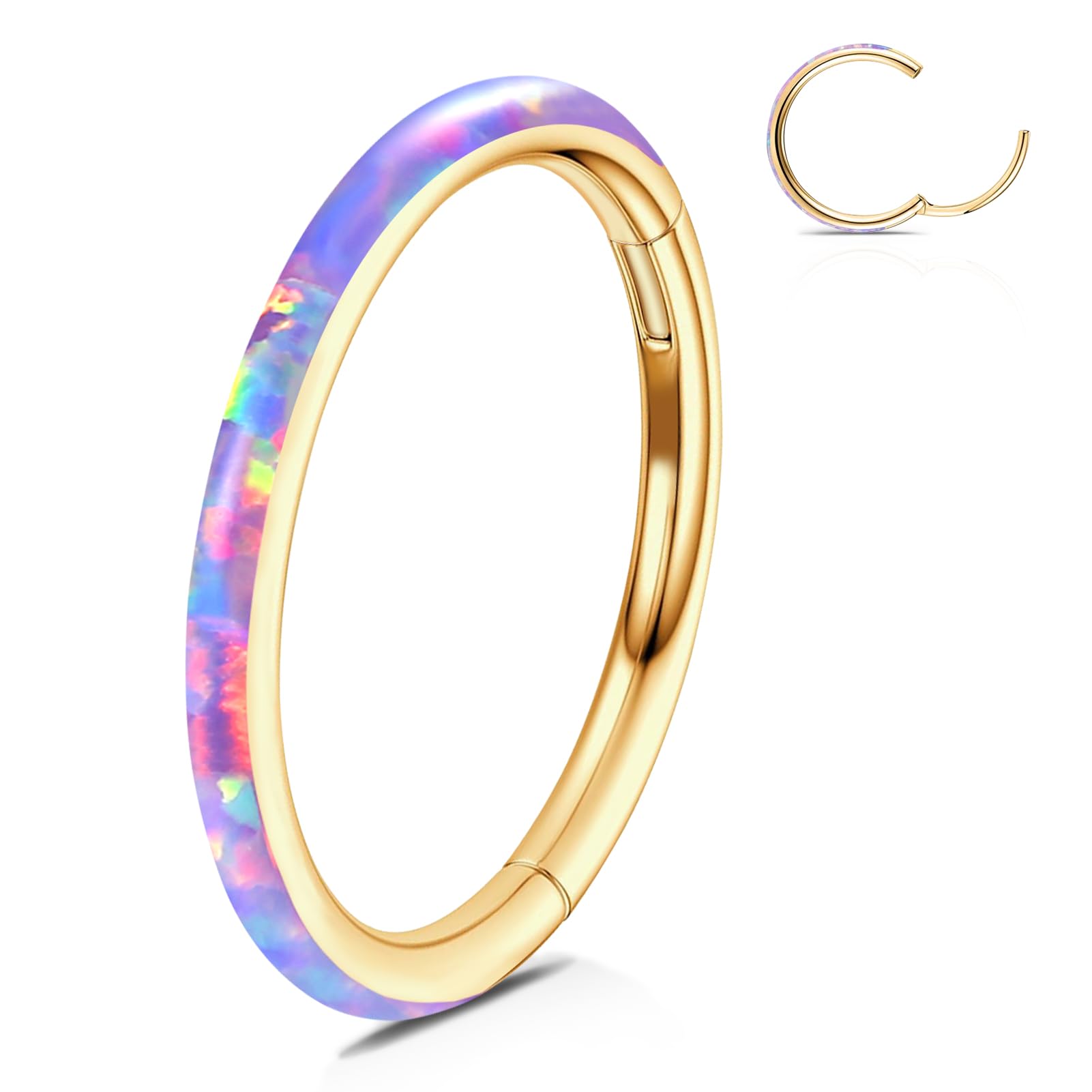 WBRWP Hypoallergenic Nose-Rings-Hoop with Purple-Opal : 16G(1.2mm) Diameter 10mm Hinged Segment Ring Body Piercing Flat Nose Hoo