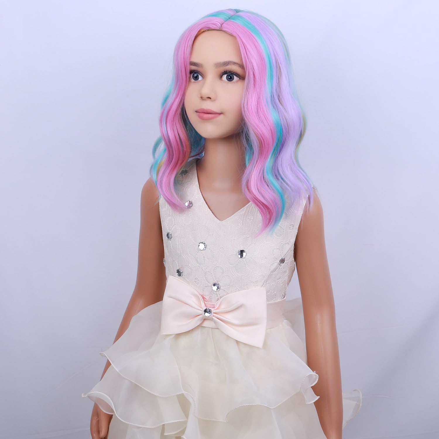 Pattnium Rainbow Wig Kids Child Wig Short Wavy Wig Rainbow Wig Multicolor Wig Girls Synthetic Wig Cosplay Halloween Party Costum
