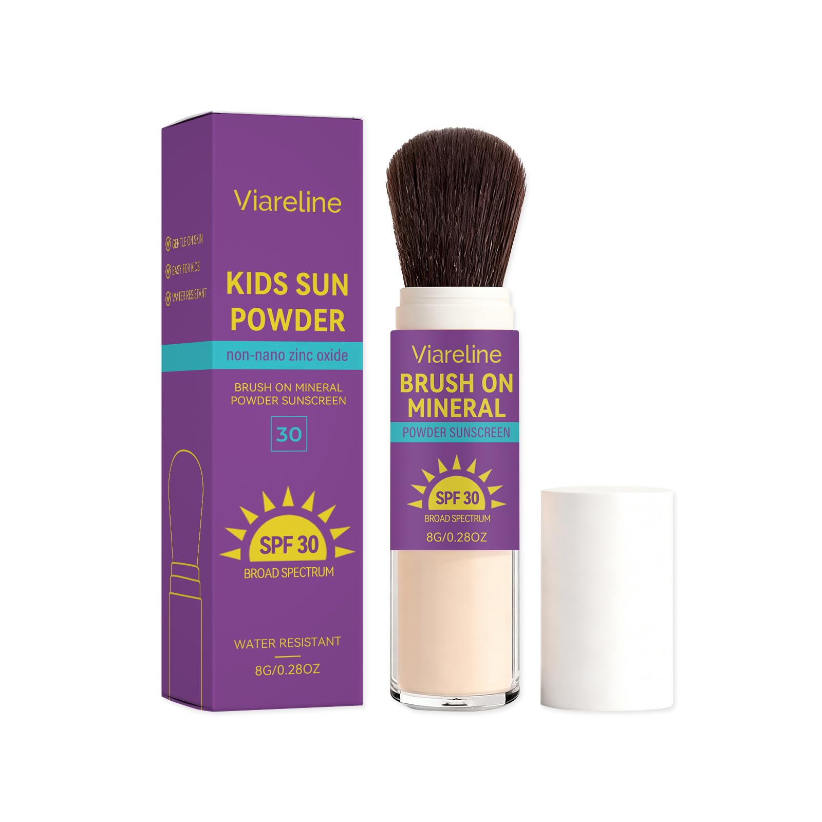 Viareline Kids Brush on Mineral Powder Sunscreen, SPF 30 Broad Spectrum, NonNano Zinc Oxide, Water Resistant, 0.28 oz