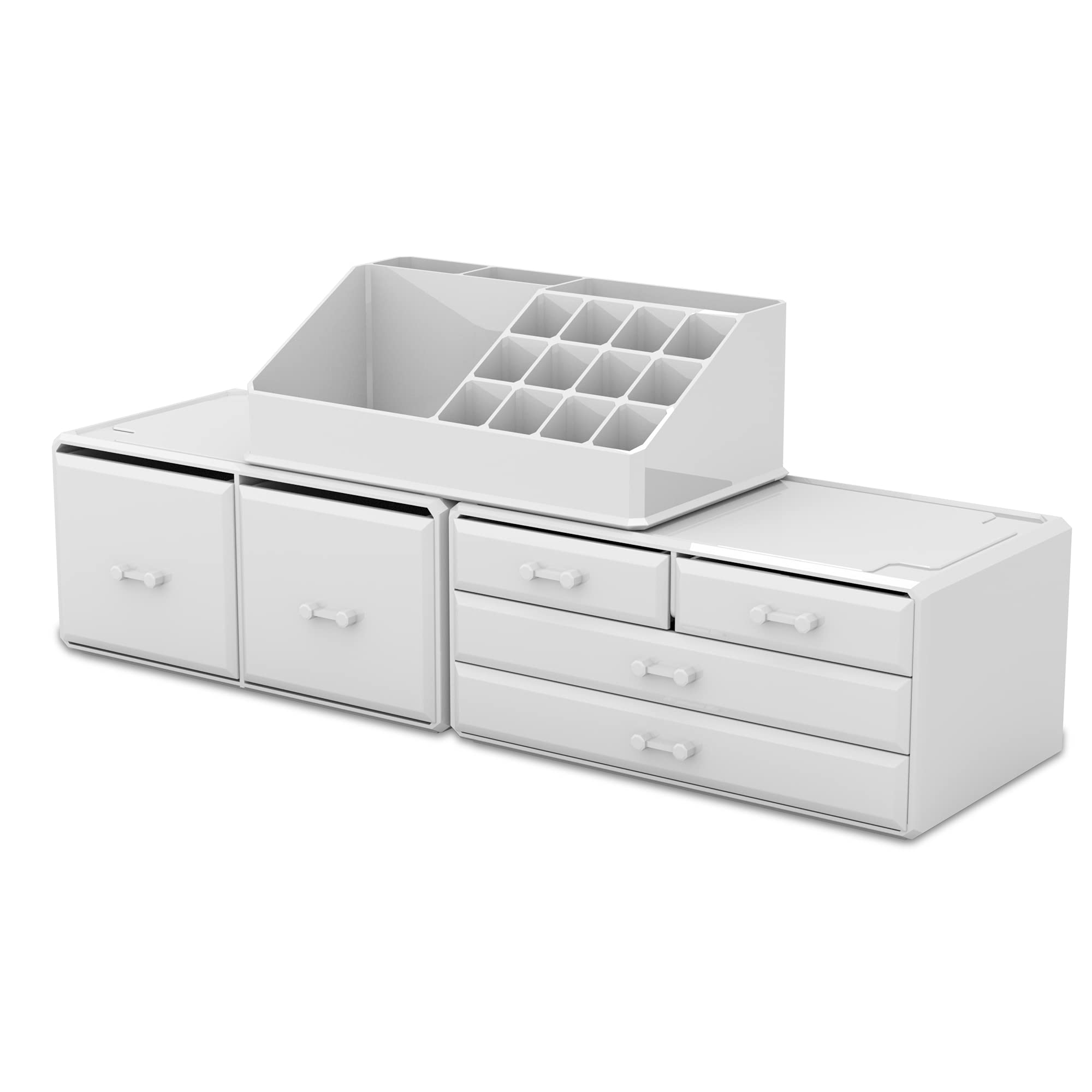 READAEER Makeup Organizer - 3-Piece Cosmetic Storage Case with 6 Drawers, Plastic, White, Model 6D/TRP
