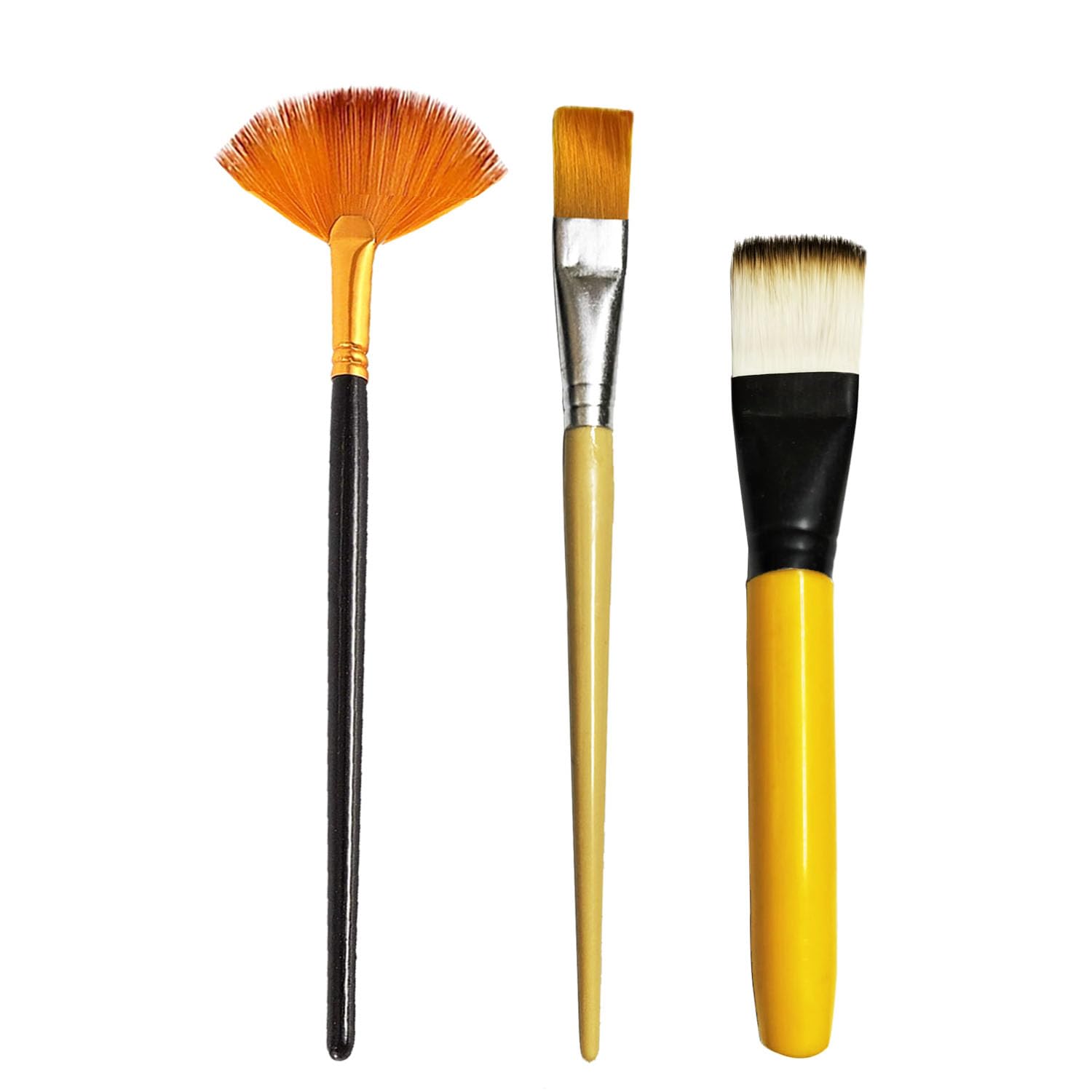 Blackboss Makeup Brushes Fan Brush For Makeup Nylon Hair Long Wood Rod Flat Orange Brush For Makeup Pack Of 3 (Yellow)