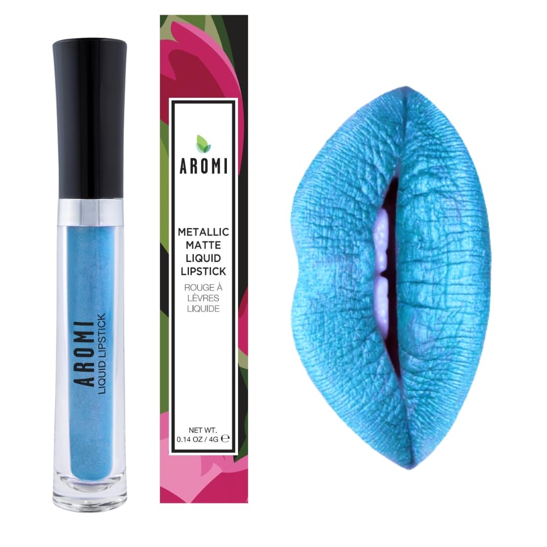 Aromi Bright Blue Metallic Liquid Lipstick | Ocean Lip Color With Shimmery Finish, Vegan, Cruelty-Free, Long-Lasting, Handmade (