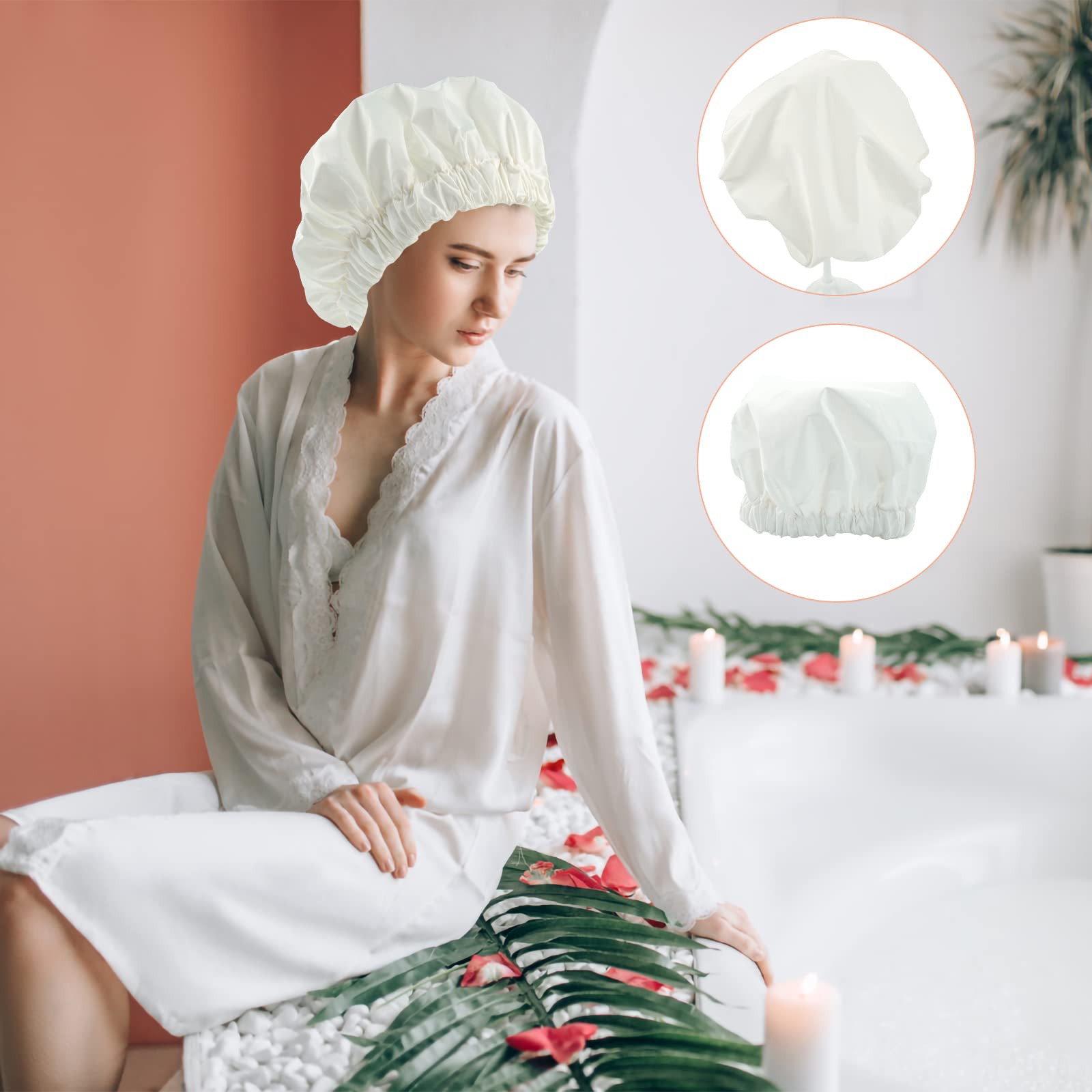 Reusable Shower Cap For Women, Large Waterproof Shower Bonnet Washable Elastic Band Bath Hair Hat For Long Hair, Braids(White)