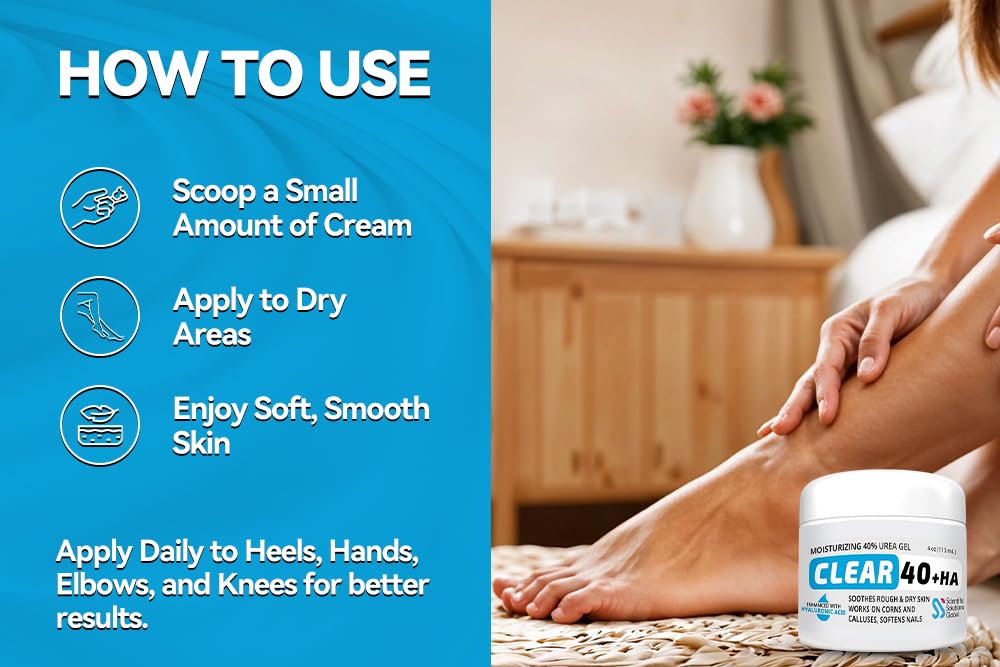 CLEAR Urea Cream 40% + 1% Hyaluronic Acid (4oz) | Softens Cracked Heels & Dry Skin Urea Cream 40 Percent - Infused w Tea Tree &