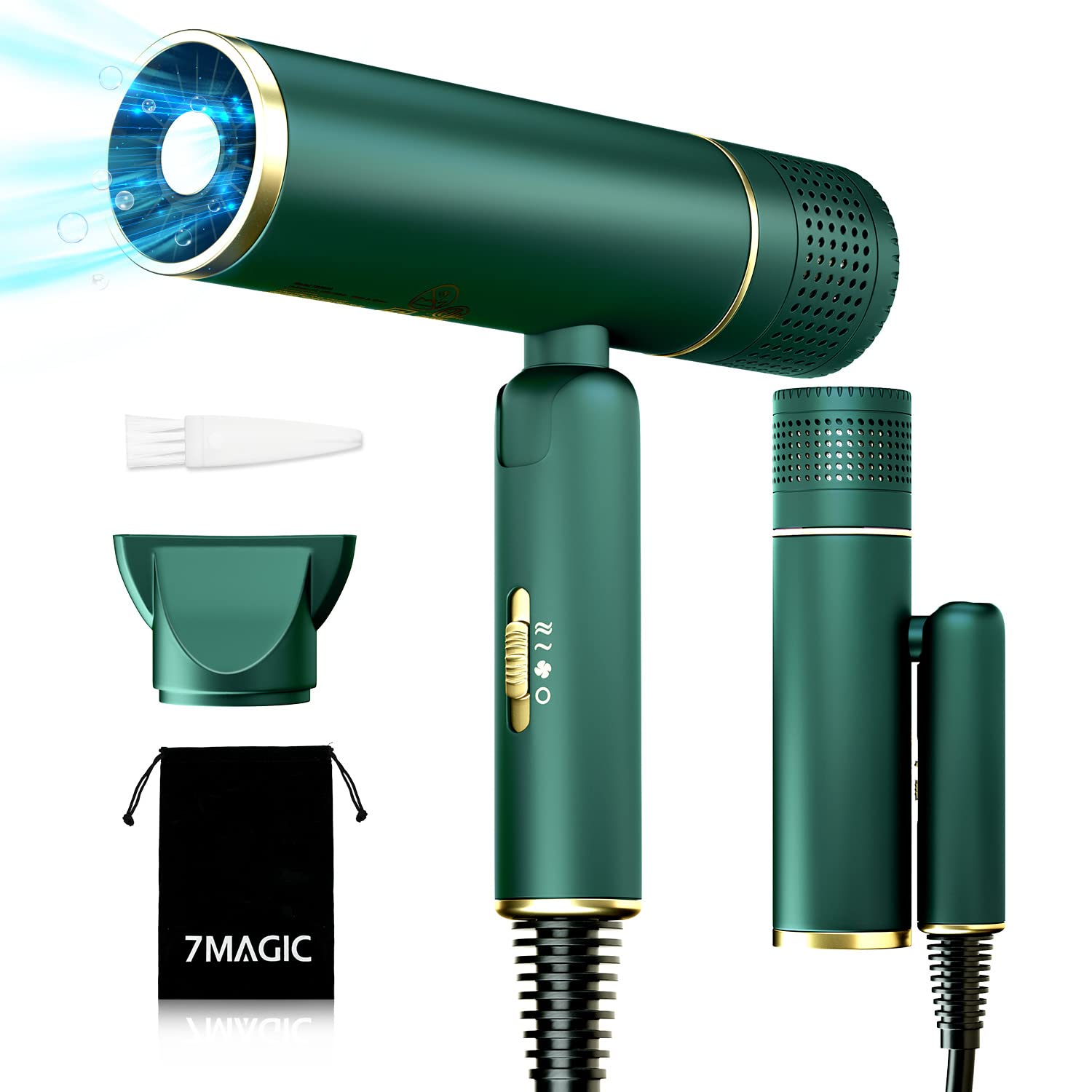 7Magic Fast-Drying Hair Dryer, Foldable Ionic Blow Dryer With Storage Bag For Travel, Lightweight Portable Hairdryer For Women &