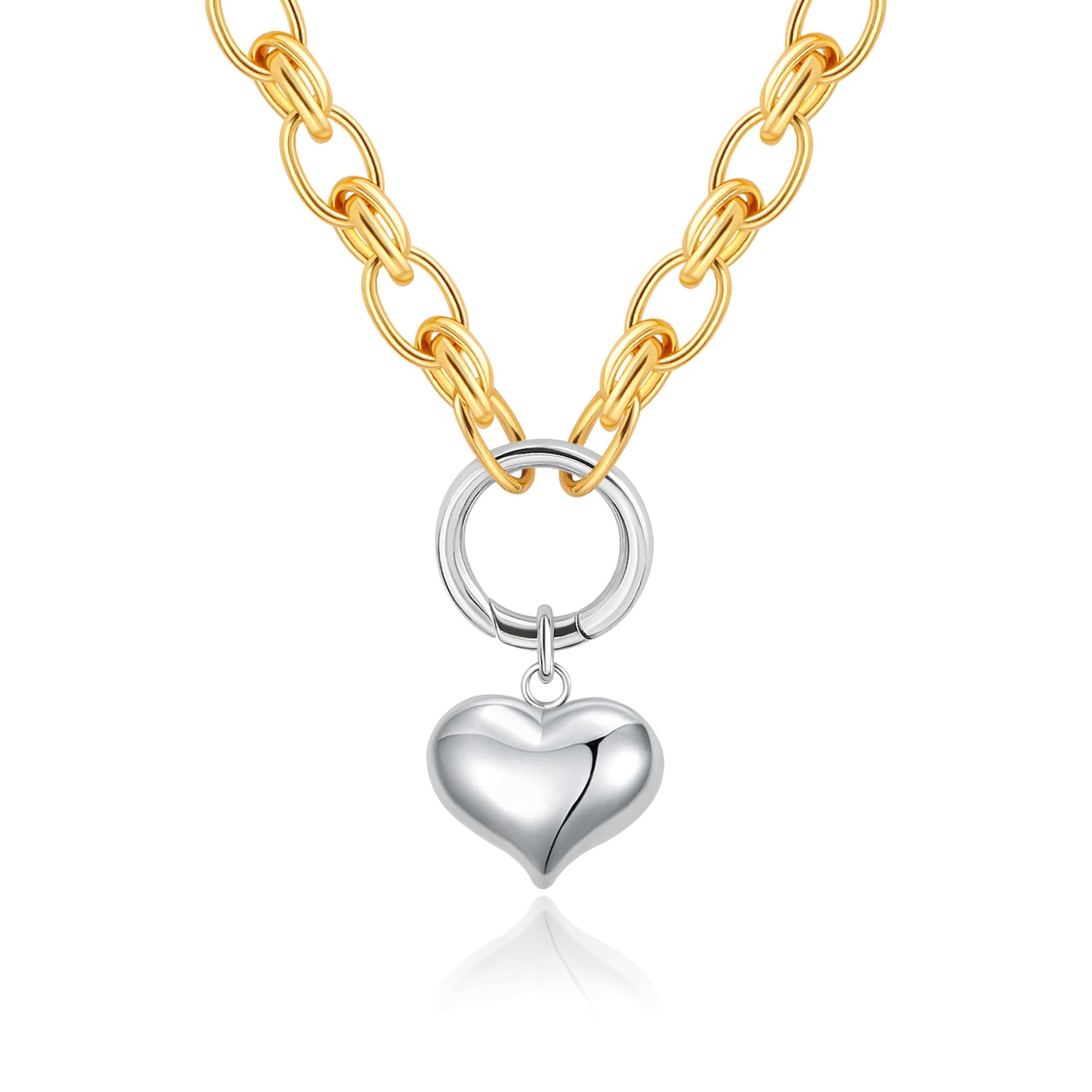 Aobei Pearl Two-Tone Necklace for Women Platinum Silver Puffy Love Heart Pendant 18K Gold Chunky Oval Chain Link Choker Minimali