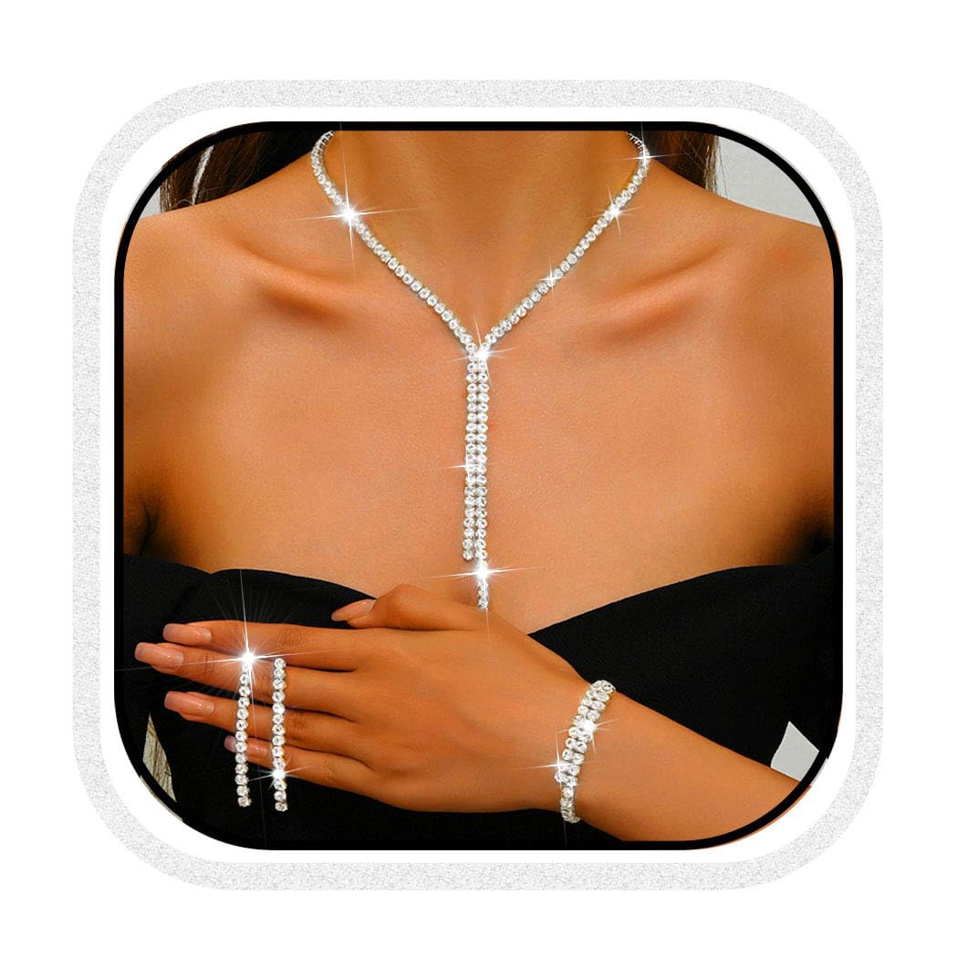 Unicra Silver Bridal Wedding Jewelry Sets Rhinestone Necklace Earrings Bracelet Set Prom Formal Costume Jewelry Sets for Women a