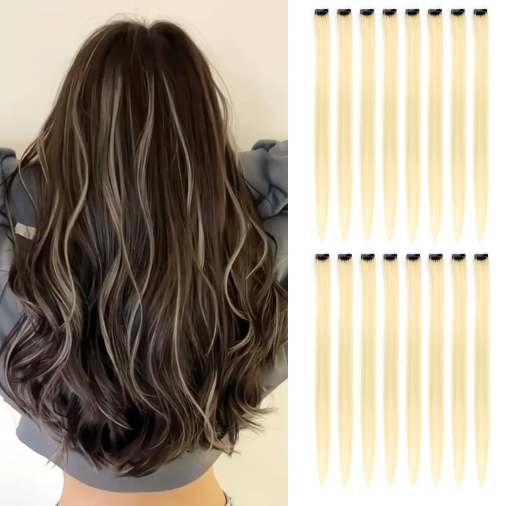 KGBFASS Blonde Hair Extensions One Color Clip in on Hairpieces Synthetic Colored Halloween Cosplay Christmas Party Highlight 20i