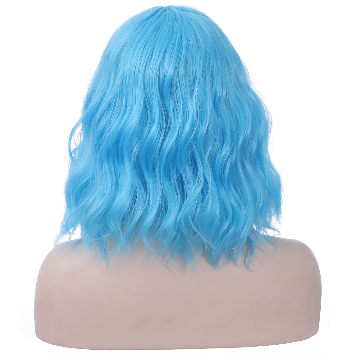 PATTNIUM 14 Inches Blue Wig Short Wavy Wig Sky Blue with Bangs Blue Bob Wig Women Girls Heat Resistant Synthetic Wig (Sky Blue)