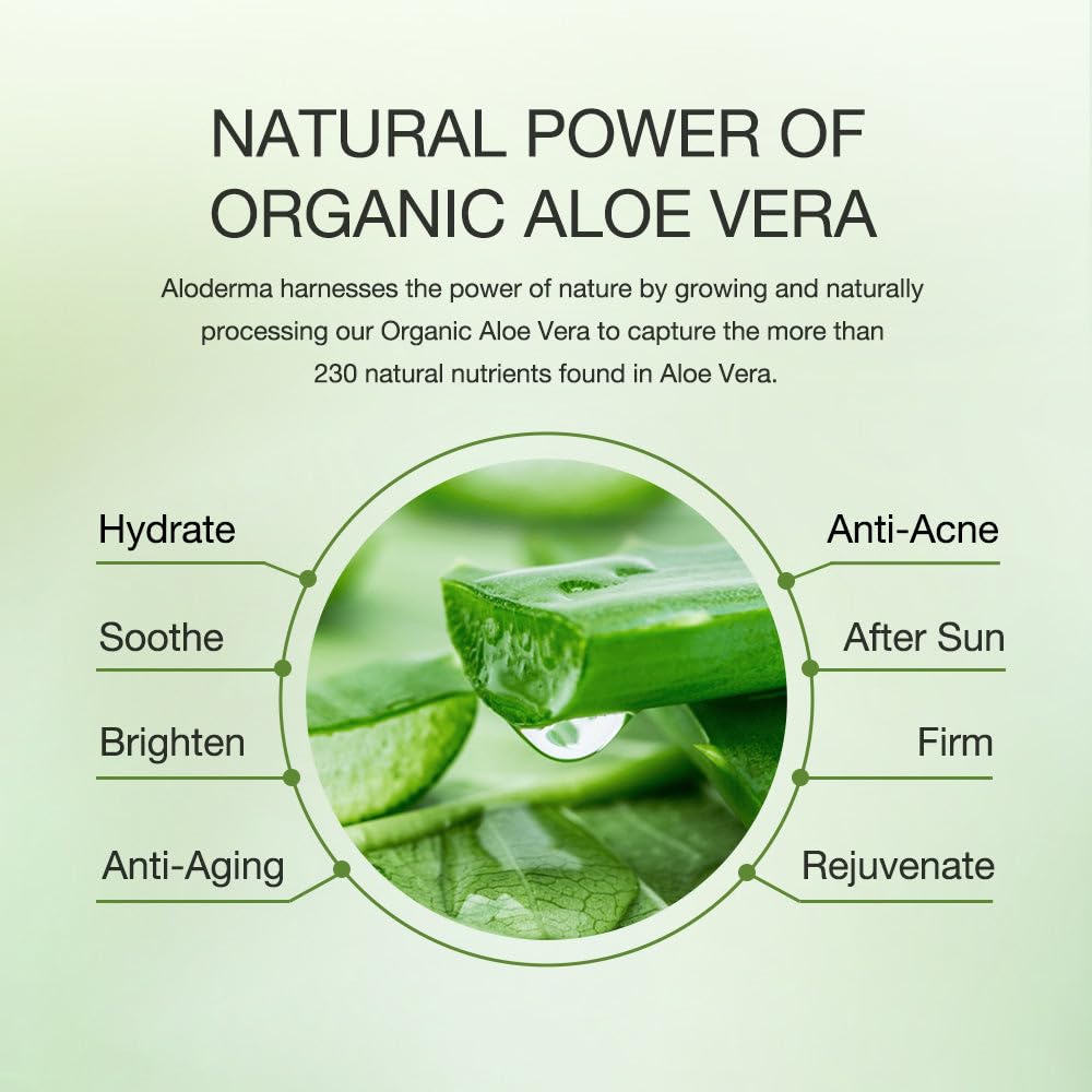 Aloderma 99% Organic Aloe Vera Gel Made Within 12 Hours Of Harvest - Pump Bottle - Lightweight Aloe Gel For Face And Body, Sooth
