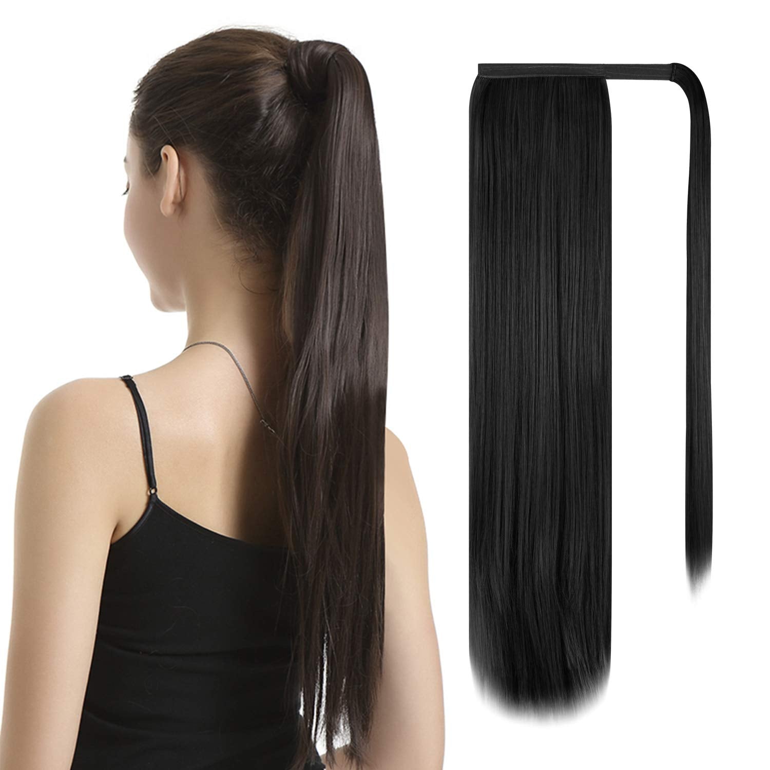 BARSDAR 24 In Black Ponytail Extension Long Straight Wrap Around Clip in Ponytail Hair Extensions Synthetic Pony Tails Hairpiece