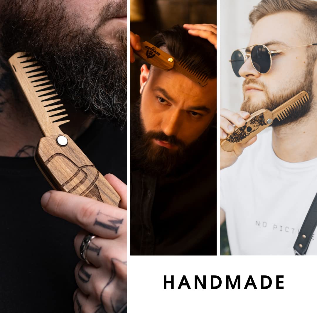 Beard Comb For Men Pocket Folding Combs For Mustache & Hair Travel Natural Wooden Comb With Real Man Engraving - Perfect For Use