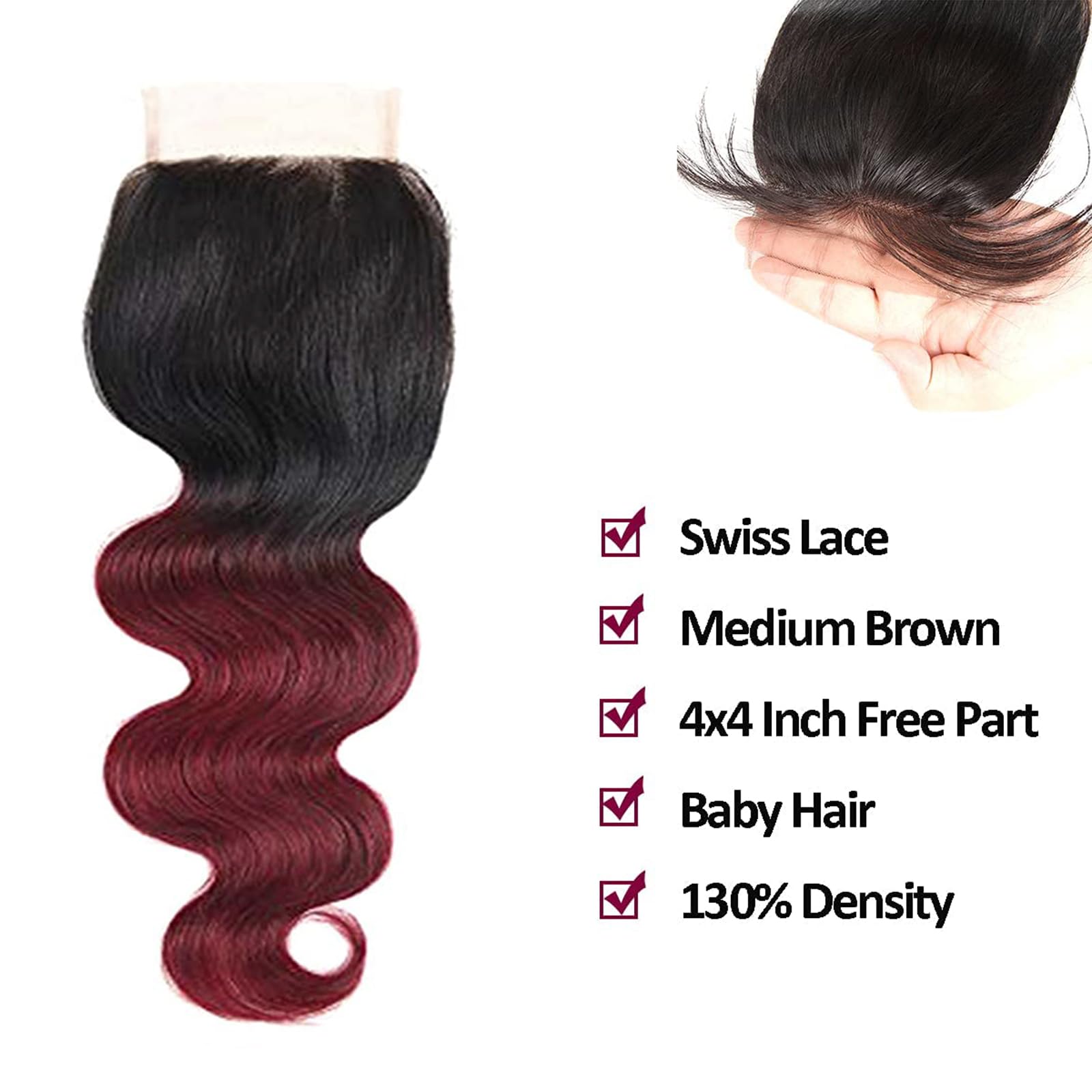 1B/99J 12 Inch Human Hair Closure Ombre Pre Plucked With 4X4 Lace Baby Hair Grade 9A High Density Body Wave Brazilian Virgin Raw