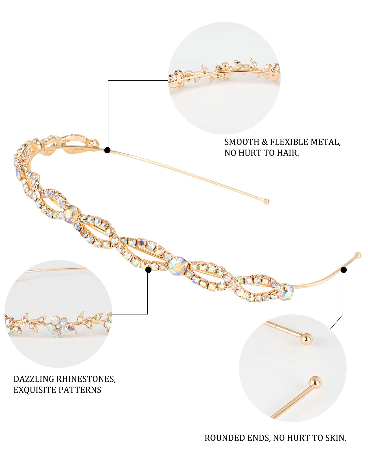 Wecoe 4 Pack AB Rhinestone Headbands Gold Metal Headbands Flower Girl Bridal Wedding Headband Crystal Headpieces Flower Leaf But